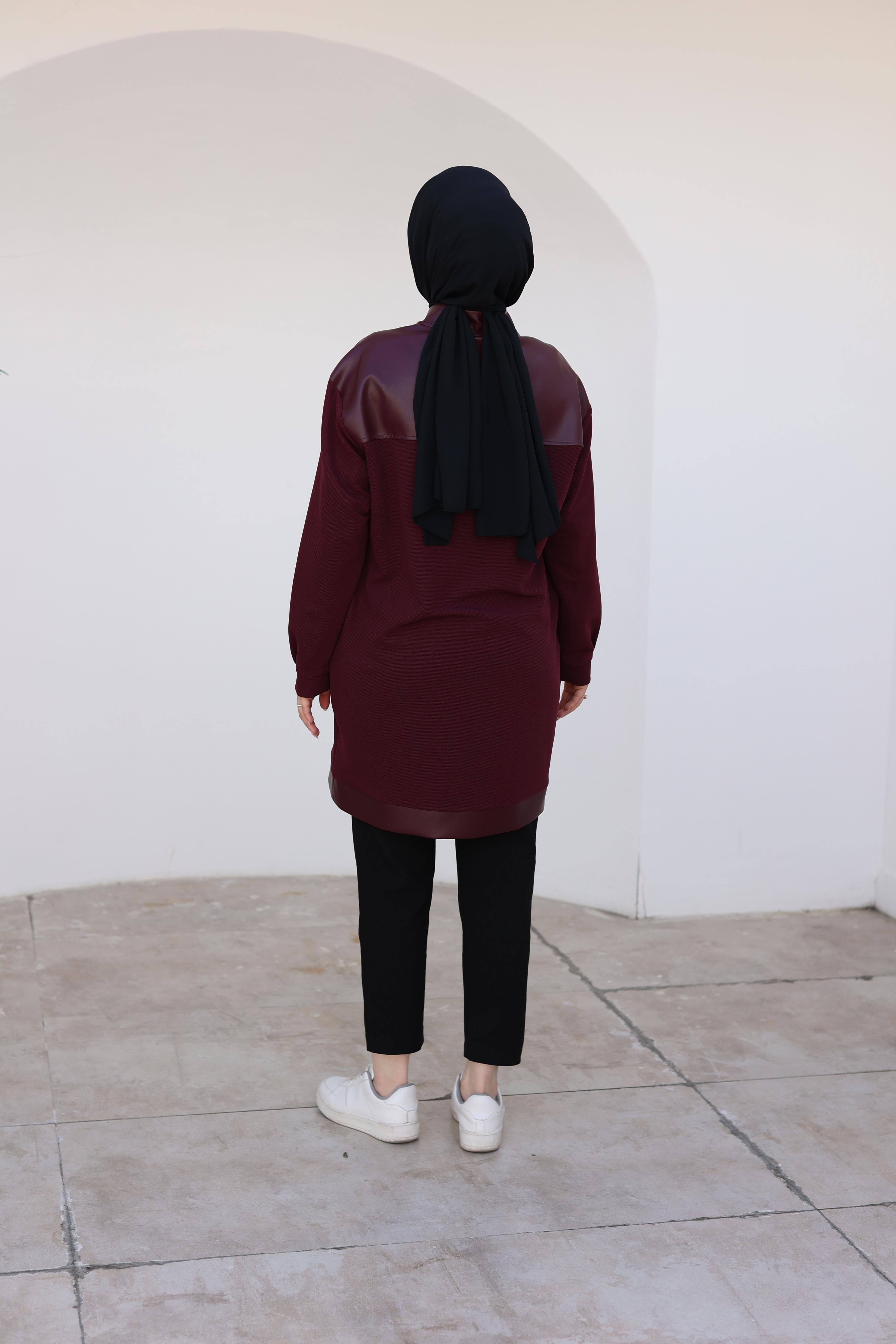 ARMİNE TREND Fermuarlı Deri Detaylı Tunik-Bordo 24KT452
