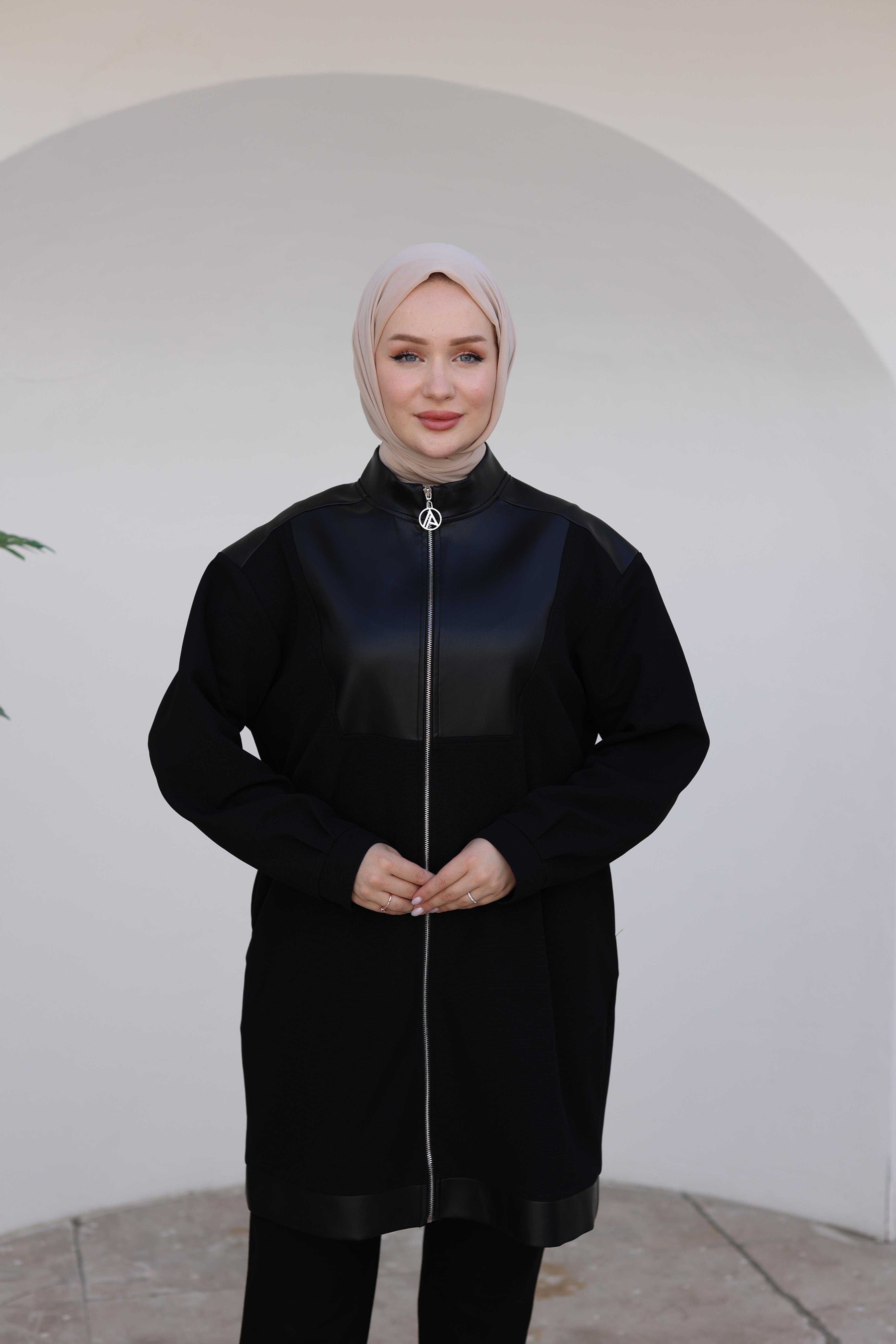ARMİNE TREND Fermuarlı Deri Detaylı Tunik-Siyah 24KT452