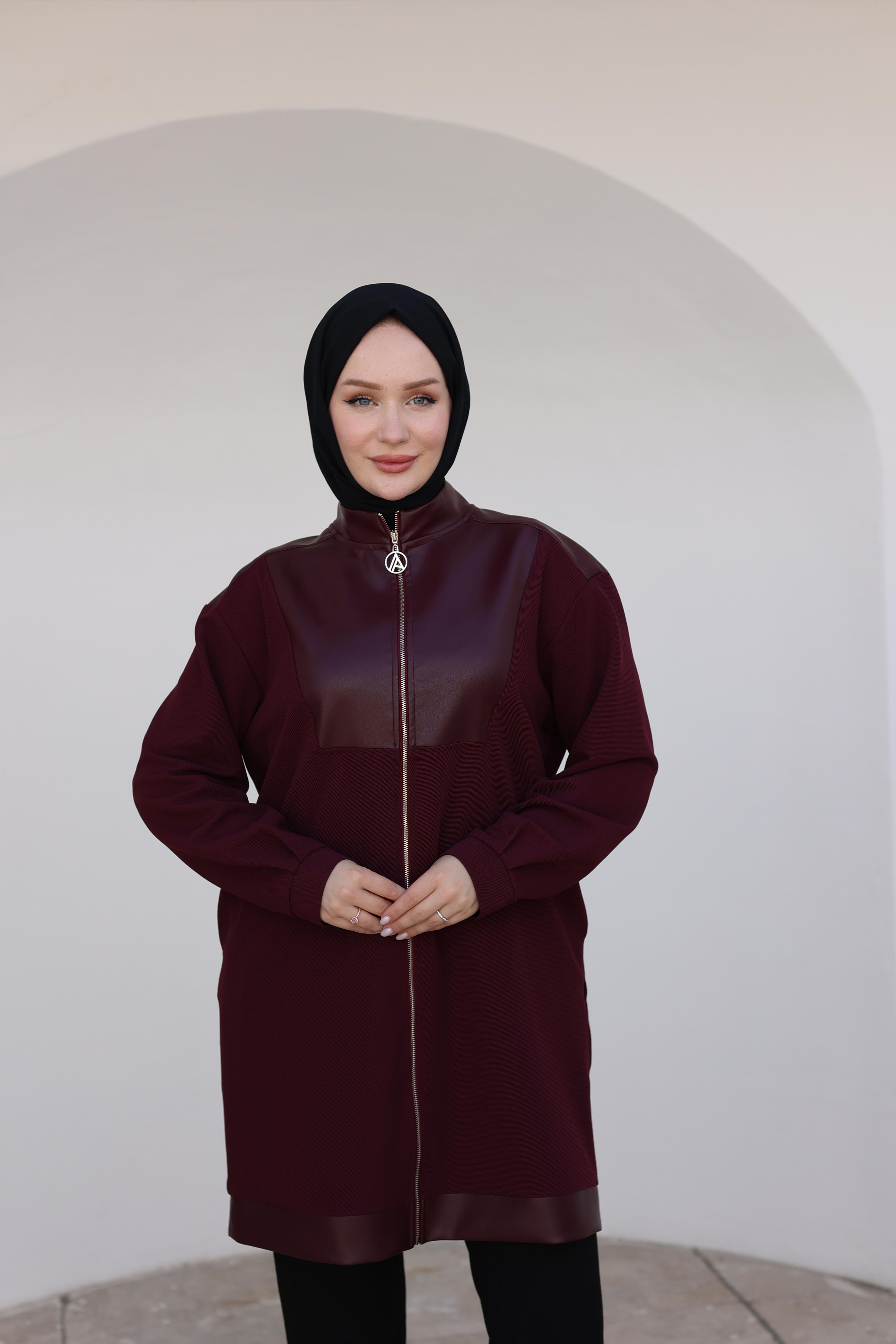 ARMİNE TREND Fermuarlı Deri Detaylı Tunik-Bordo 24KT452