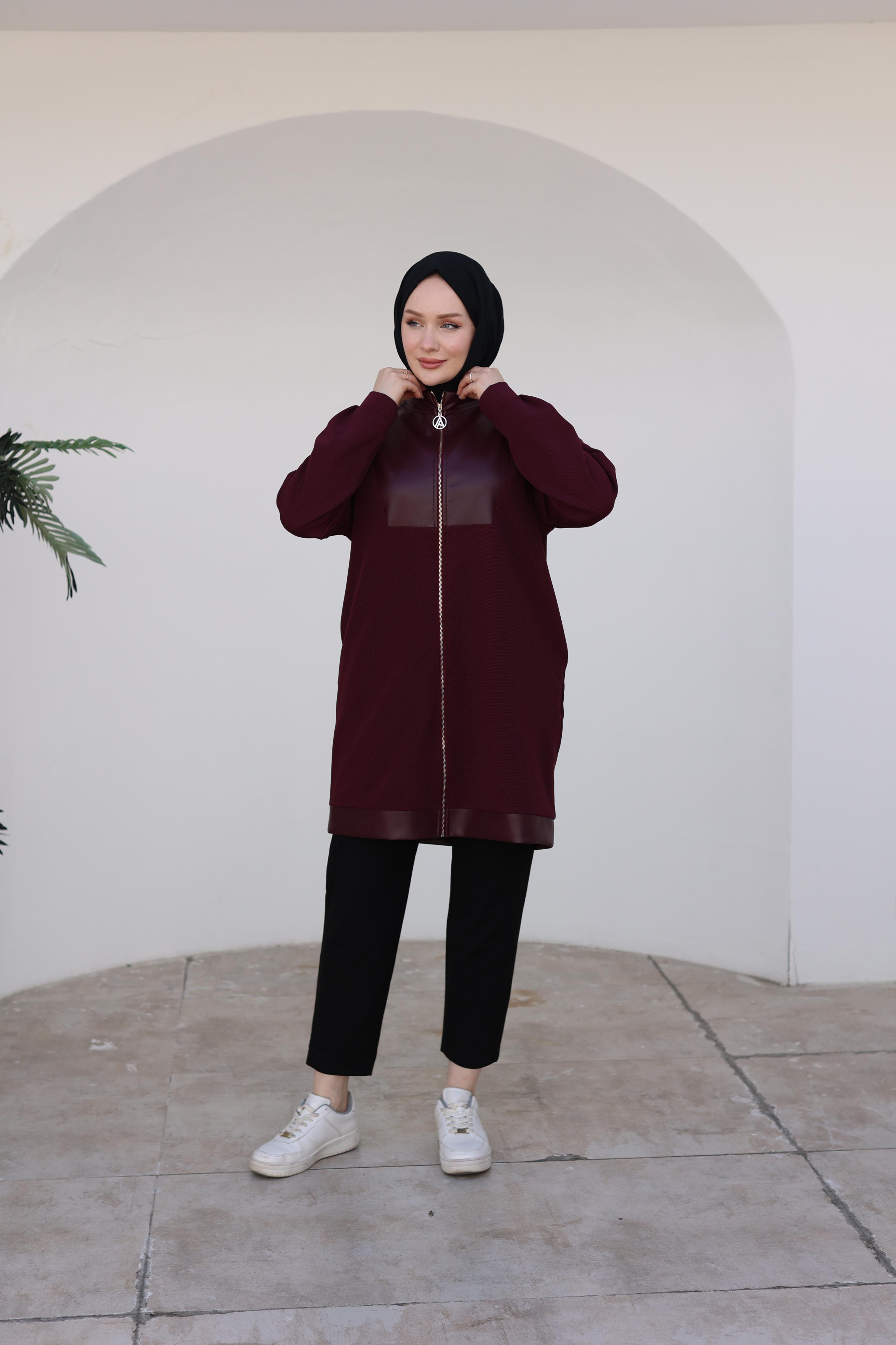 ARMİNE TREND Fermuarlı Deri Detaylı Tunik-Bordo 24KT452