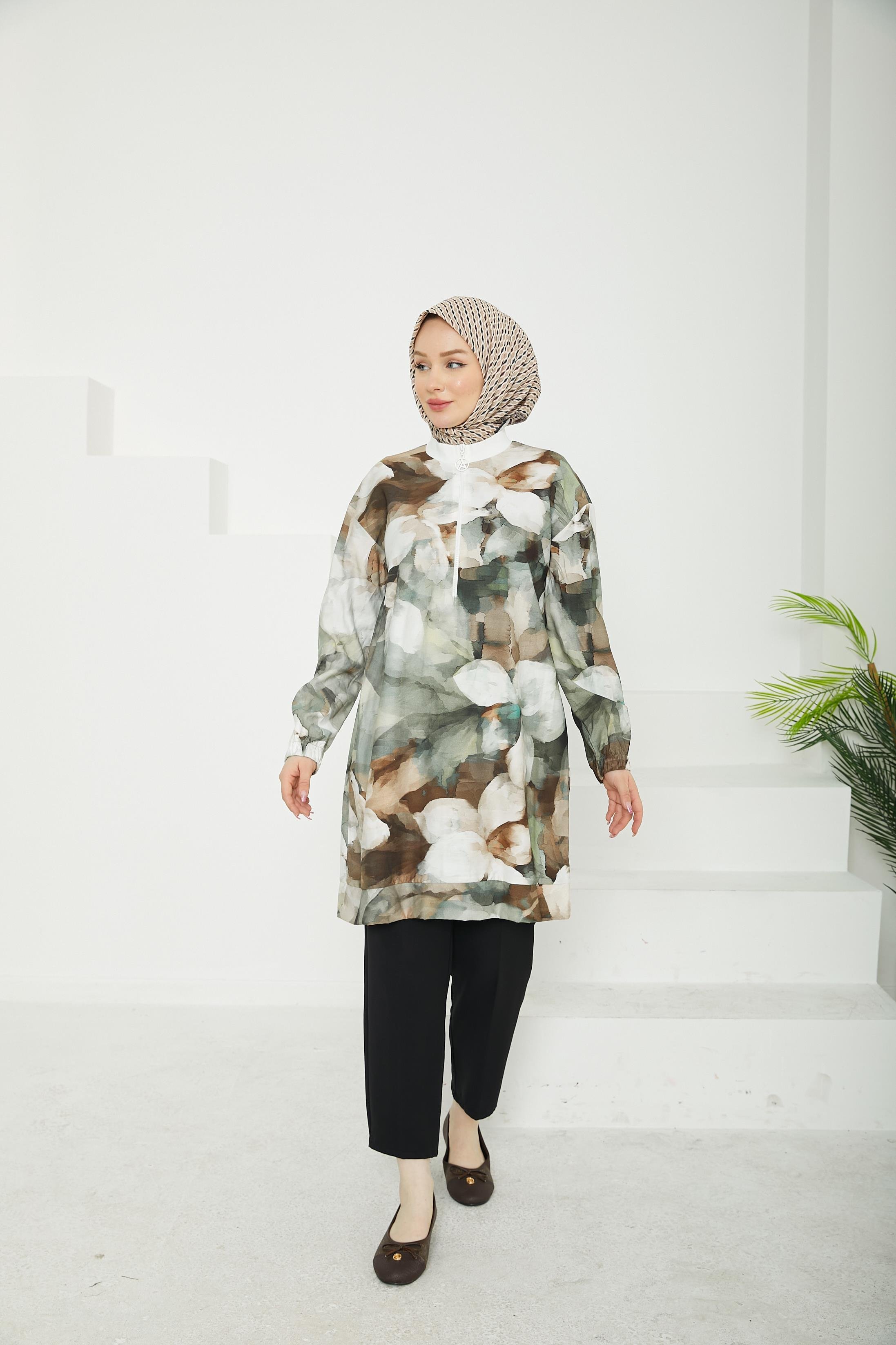 ARMİNE TREND Fermuarlı Kolları Lastikli Desenli Tunik-Bej-25YT438
