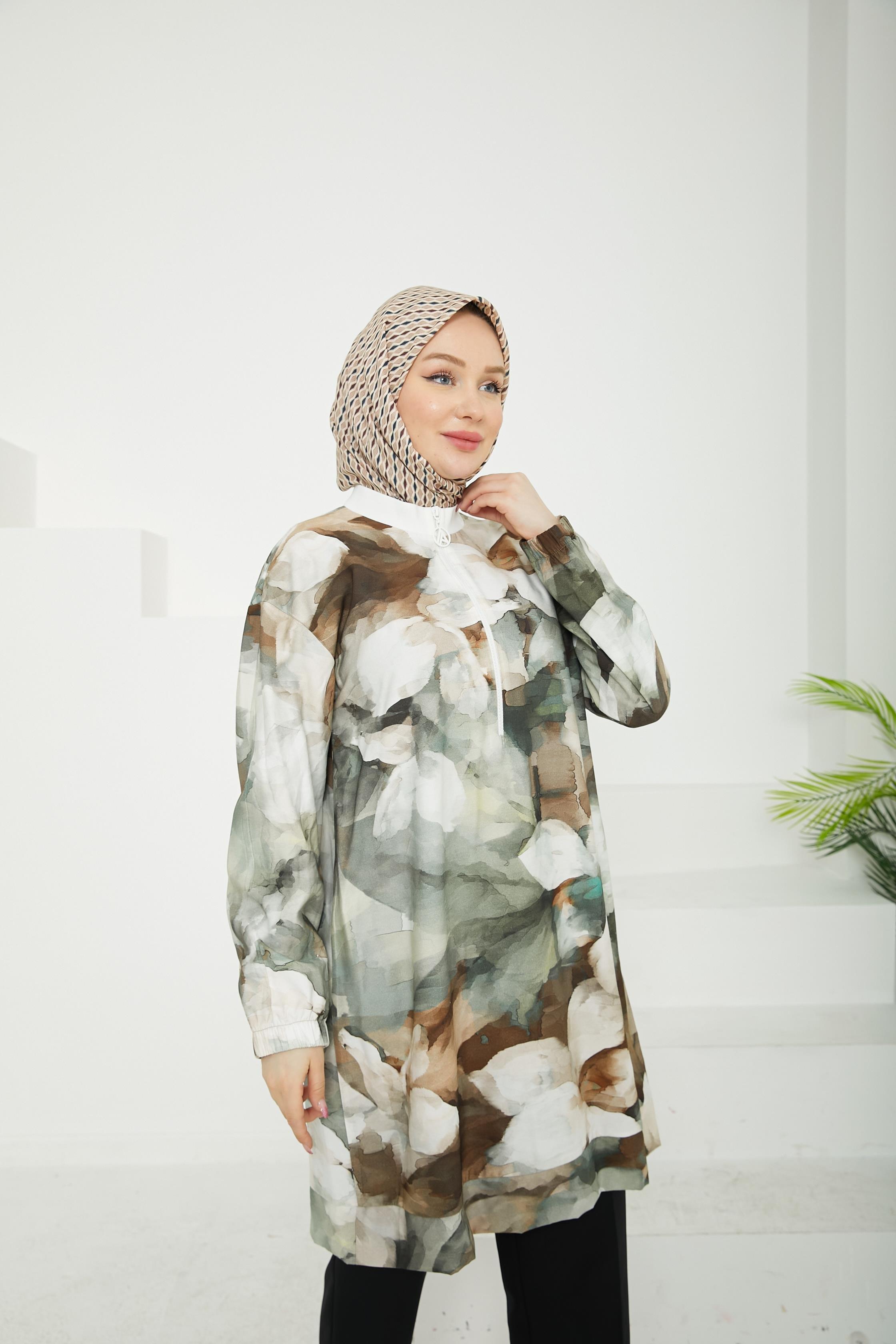 ARMİNE TREND Fermuarlı Kolları Lastikli Desenli Tunik-Bej-25YT438