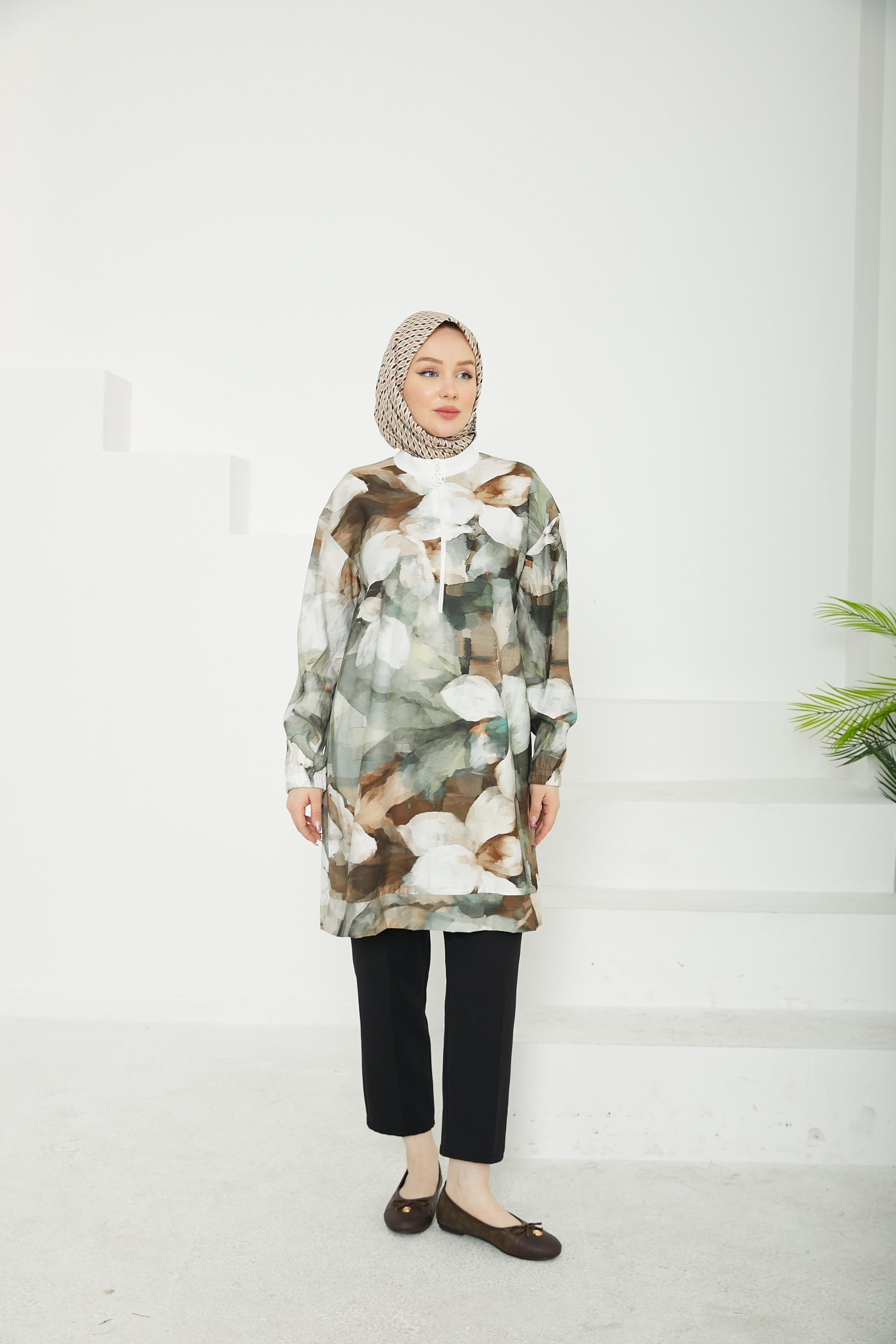 ARMİNE TREND Fermuarlı Kolları Lastikli Desenli Tunik-Bej-25YT438