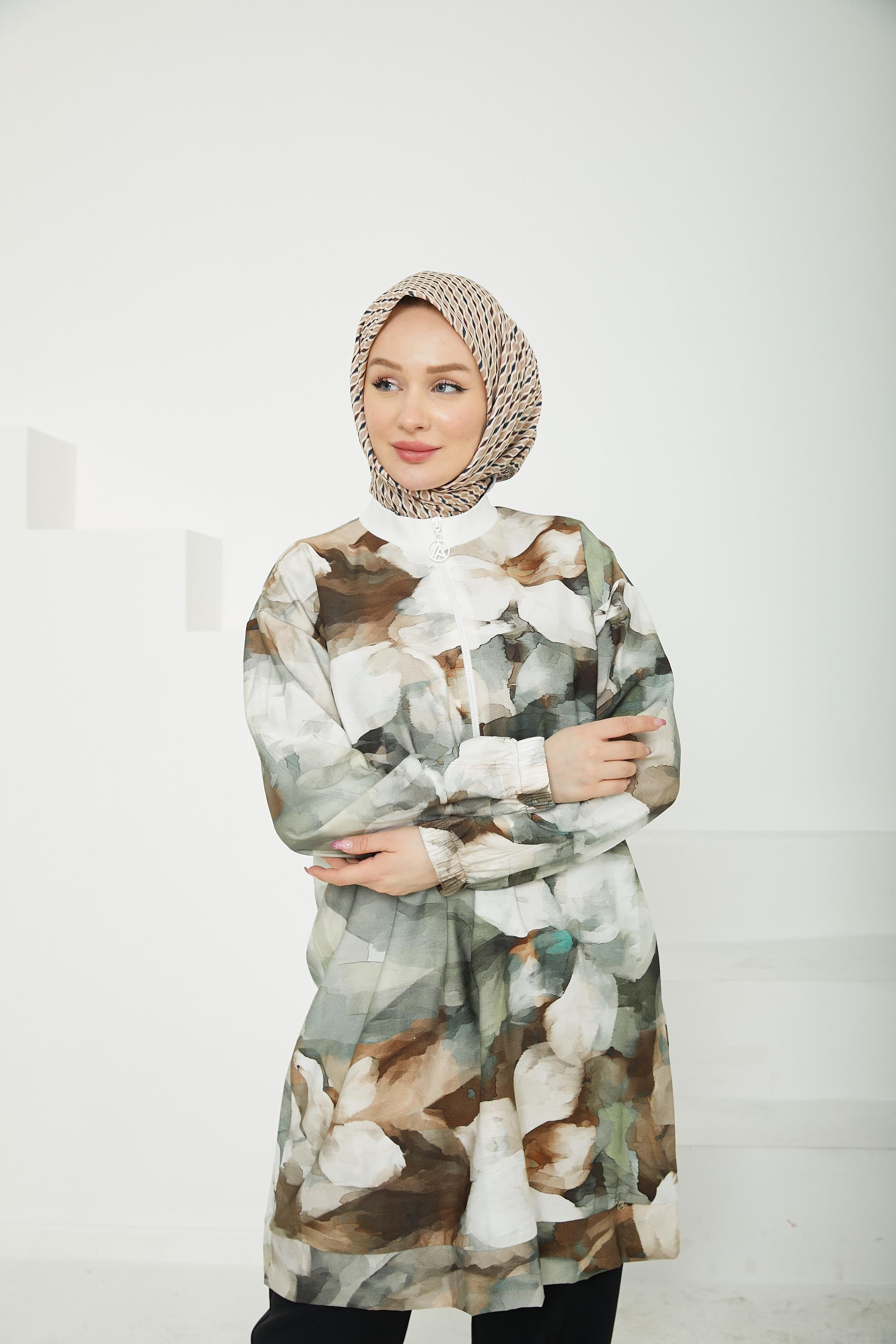 ARMİNE TREND Fermuarlı Kolları Lastikli Desenli Tunik-Bej-25YT438