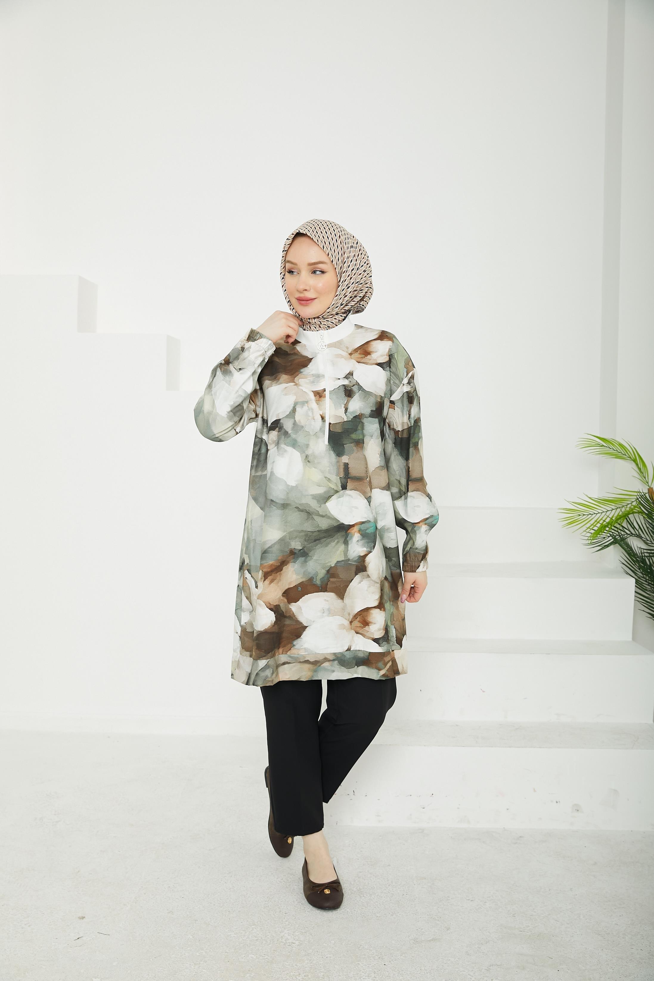 ARMİNE TREND Fermuarlı Kolları Lastikli Desenli Tunik-Bej-25YT438