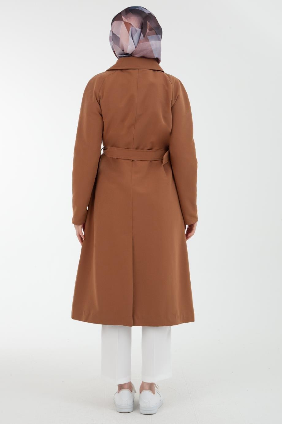 ARMİNE TREND Gabardin Kumaşlı Kruvaze Kapamalı Kemerli Trenchcoat-Camel 22KT736
