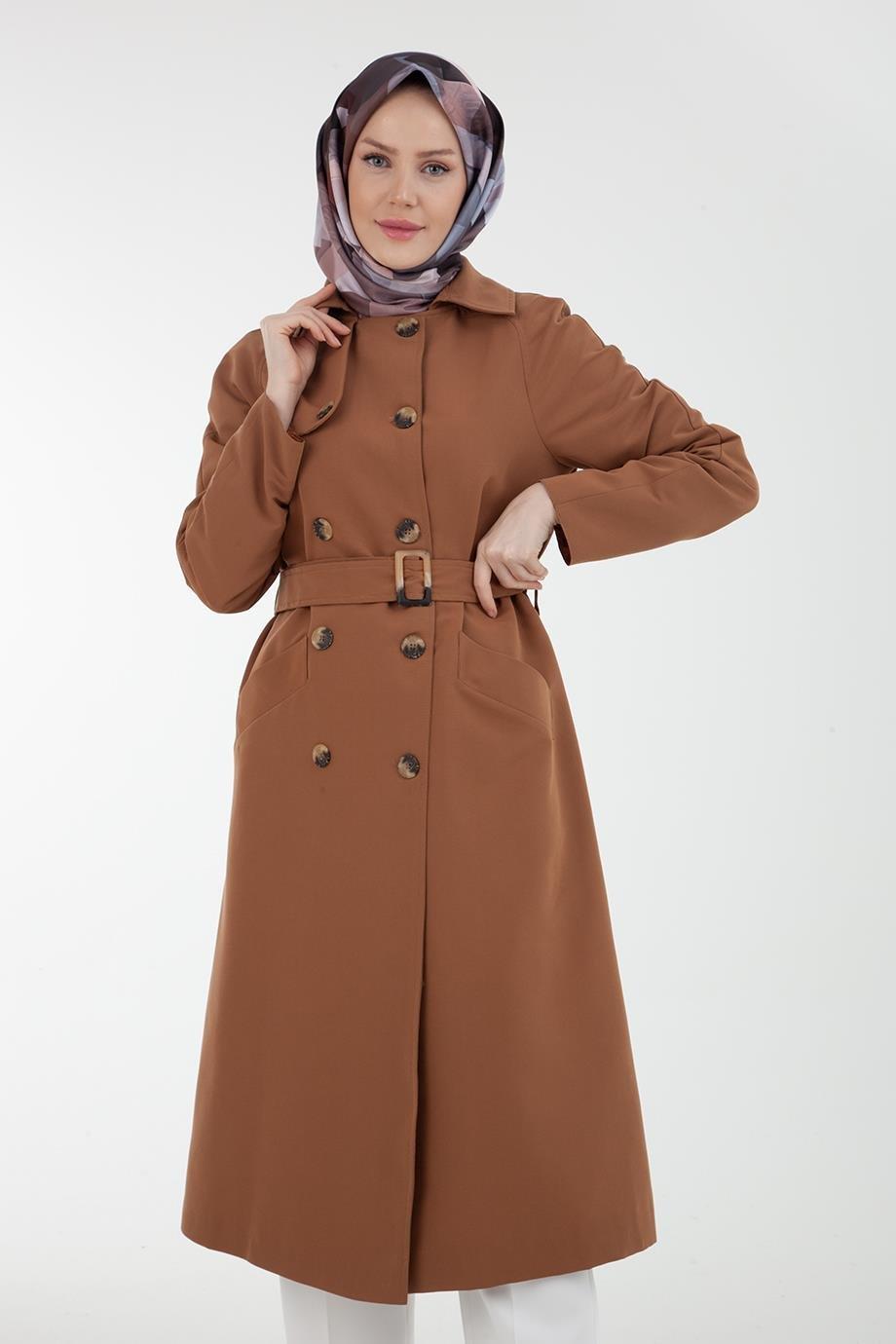 ARMİNE TREND Gabardin Kumaşlı Kruvaze Kapamalı Kemerli Trenchcoat-Camel 22KT736