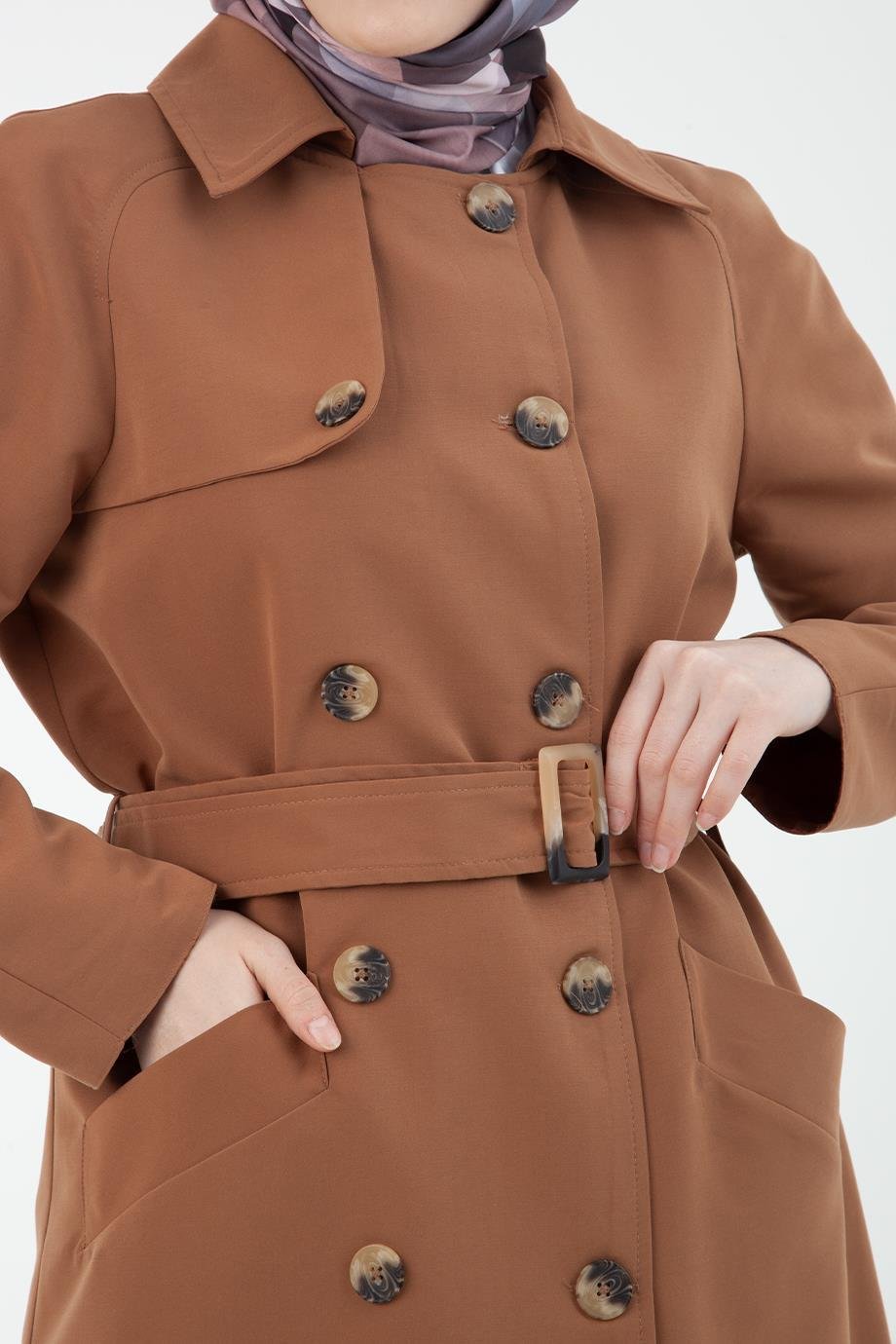 ARMİNE TREND Gabardin Kumaşlı Kruvaze Kapamalı Kemerli Trenchcoat-Camel 22KT736