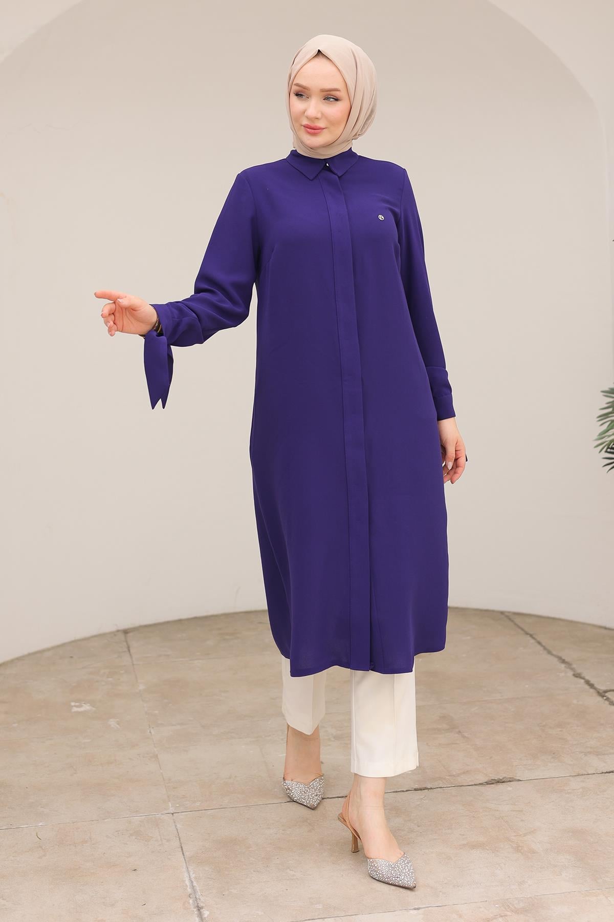 ARMİNE TREND Gizli Düğmeli Gömlek Yakalı Tunik Morcivent 24KT472