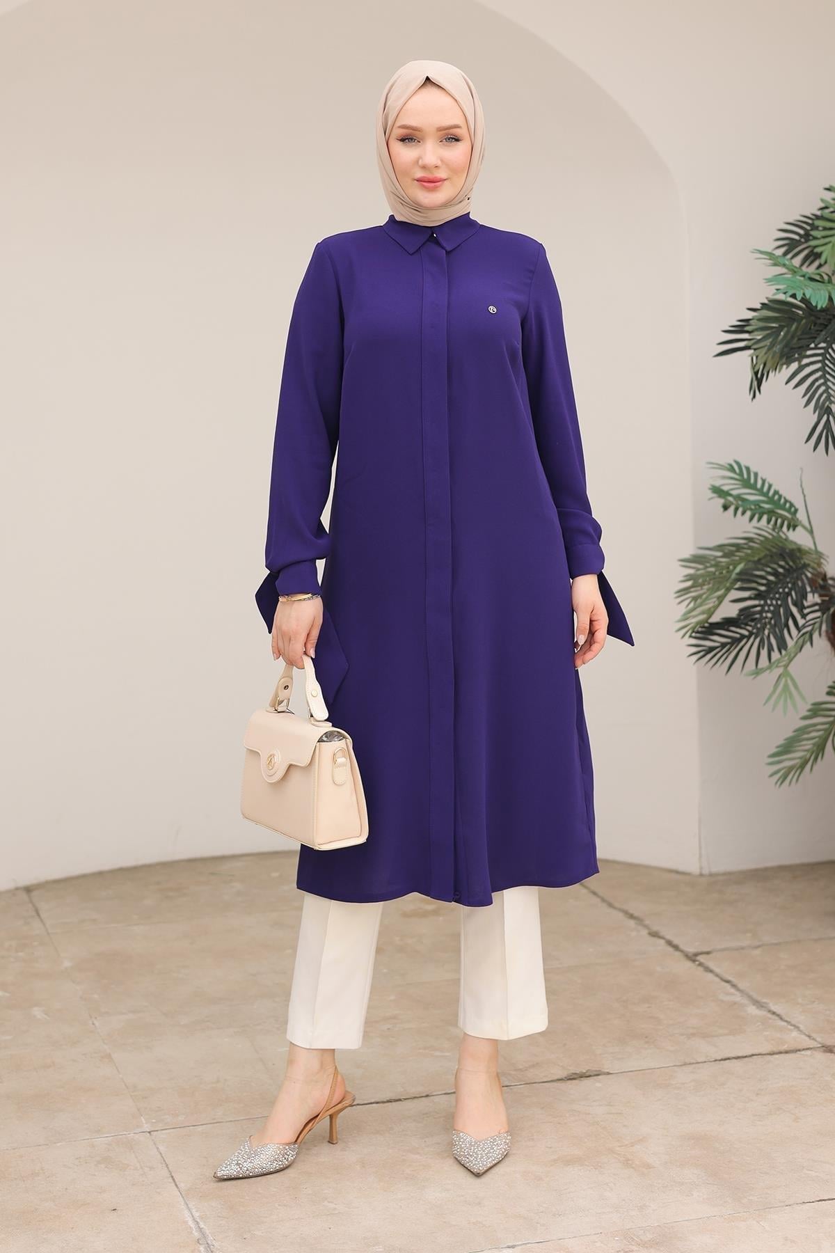 ARMİNE TREND Gizli Düğmeli Gömlek Yakalı Tunik Morcivent 24KT472