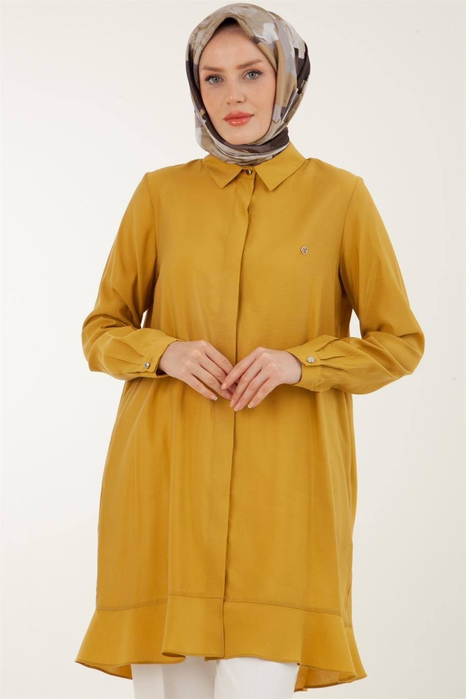 ARMİNE TREND Gizli Düğmeli Gömlek Yakalı Tunik-Hardal 23YT459