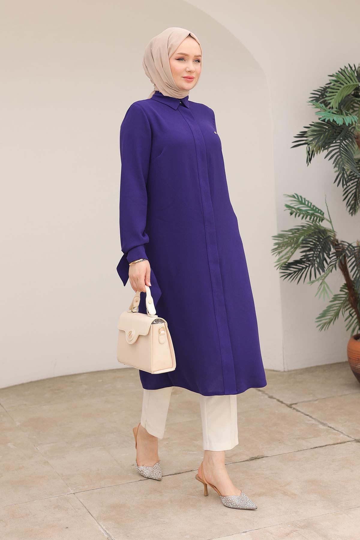 ARMİNE TREND Gizli Düğmeli Gömlek Yakalı Tunik Morcivent 24KT472