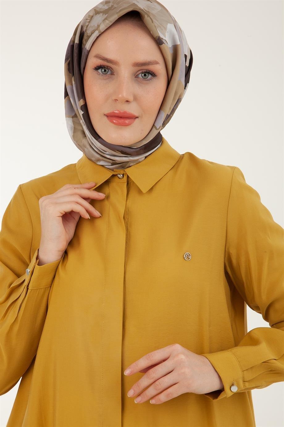 ARMİNE TREND Gizli Düğmeli Gömlek Yakalı Tunik-Hardal 23YT459
