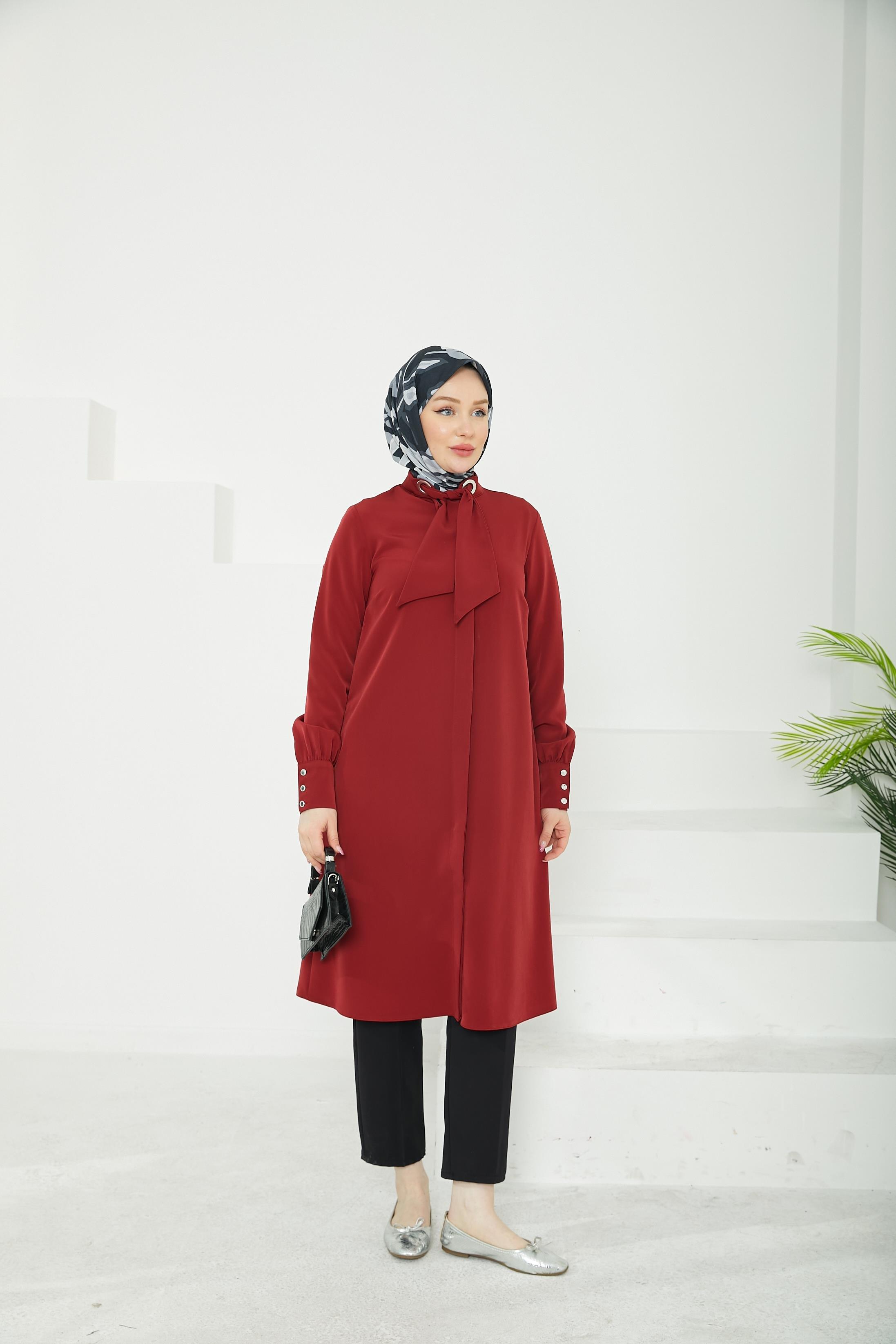 ARMİNE TREND Gizli Düğmeli Yakası Kurdele Detaylı Tunik-Bordo-25YT450