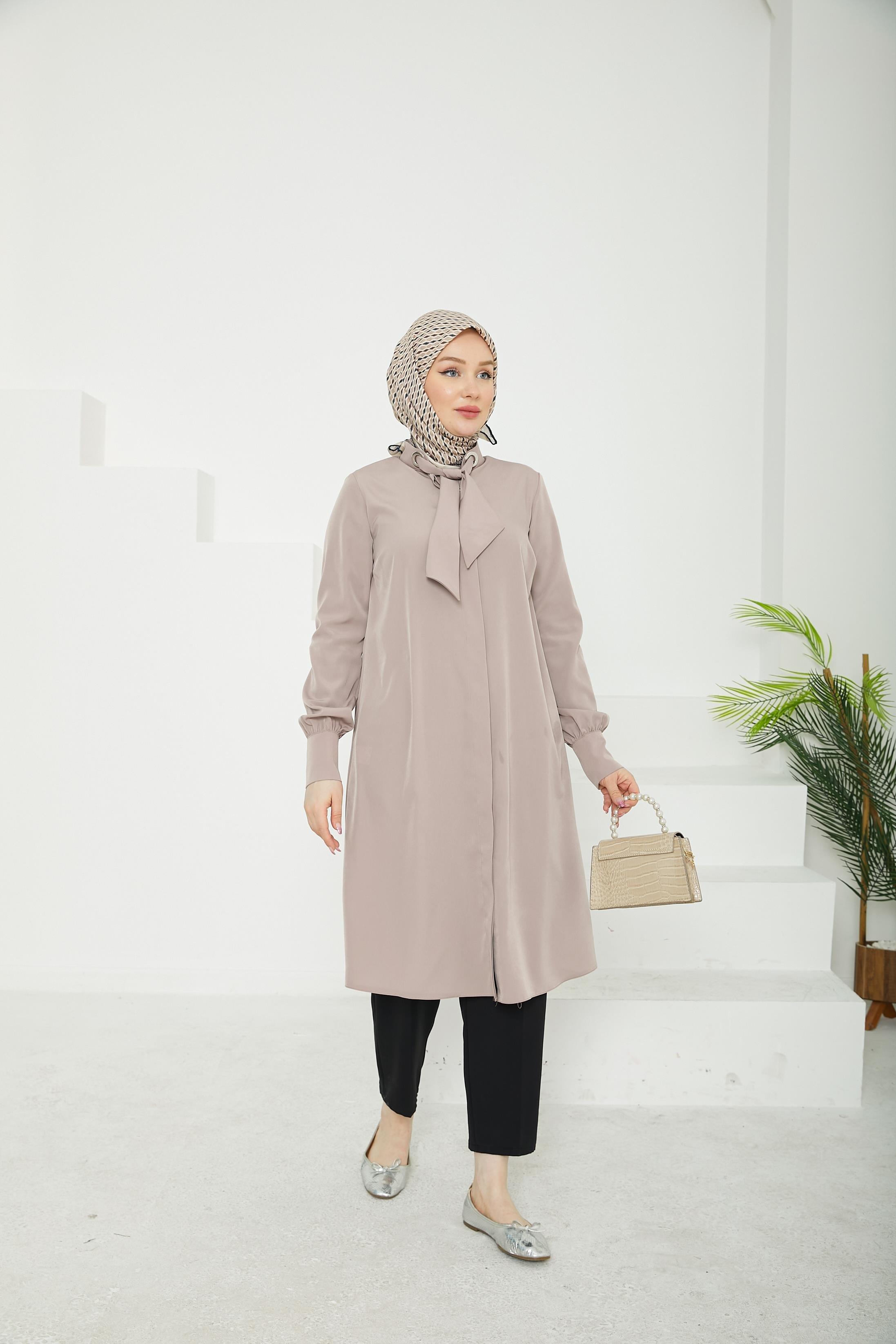 ARMİNE TREND Gizli Düğmeli Yakası Kurdele Detaylı Tunik-Vizon-25YT450