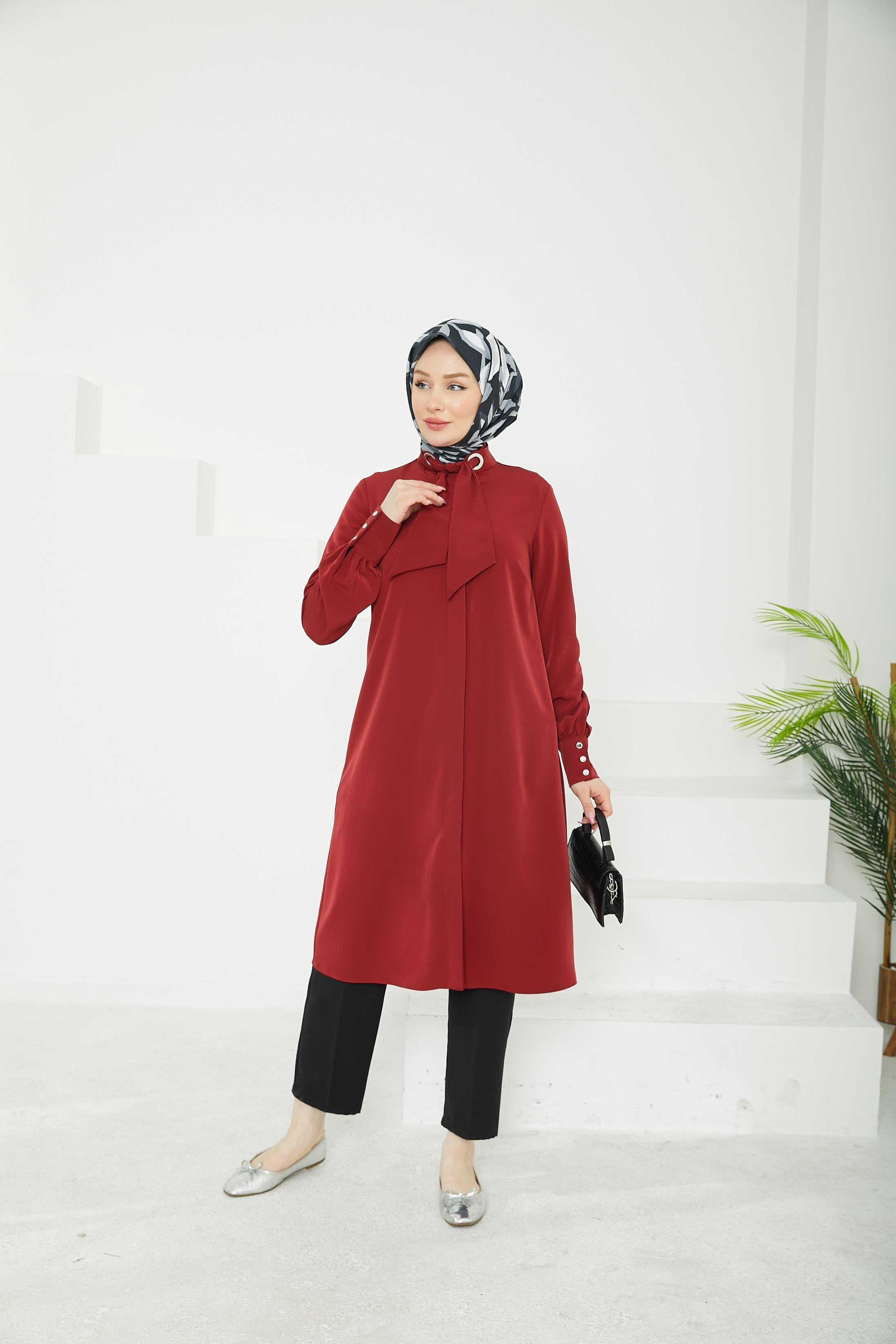 ARMİNE TREND Gizli Düğmeli Yakası Kurdele Detaylı Tunik-Bordo-25YT450