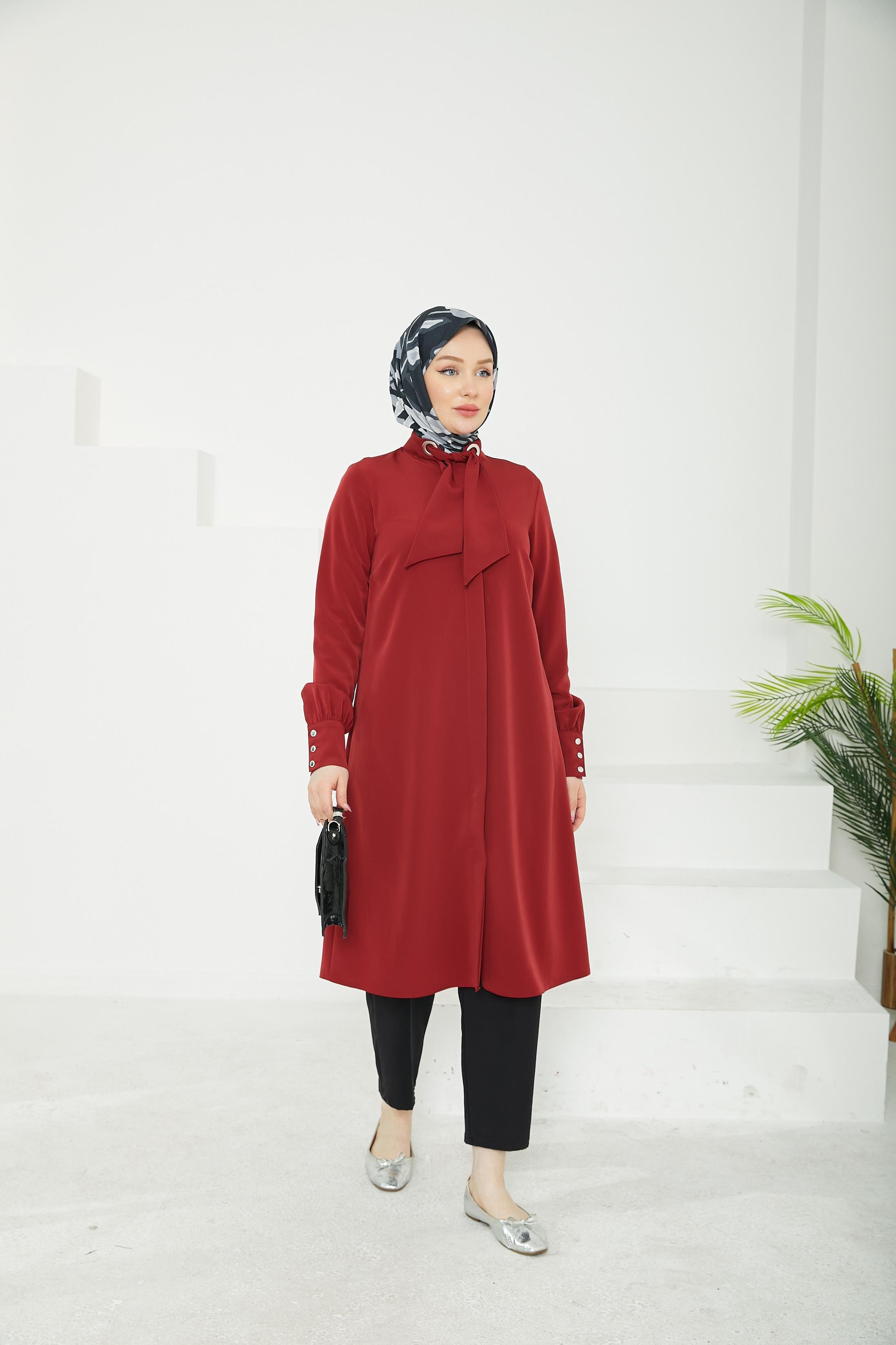 ARMİNE TREND Gizli Düğmeli Yakası Kurdele Detaylı Tunik-Bordo-25YT450