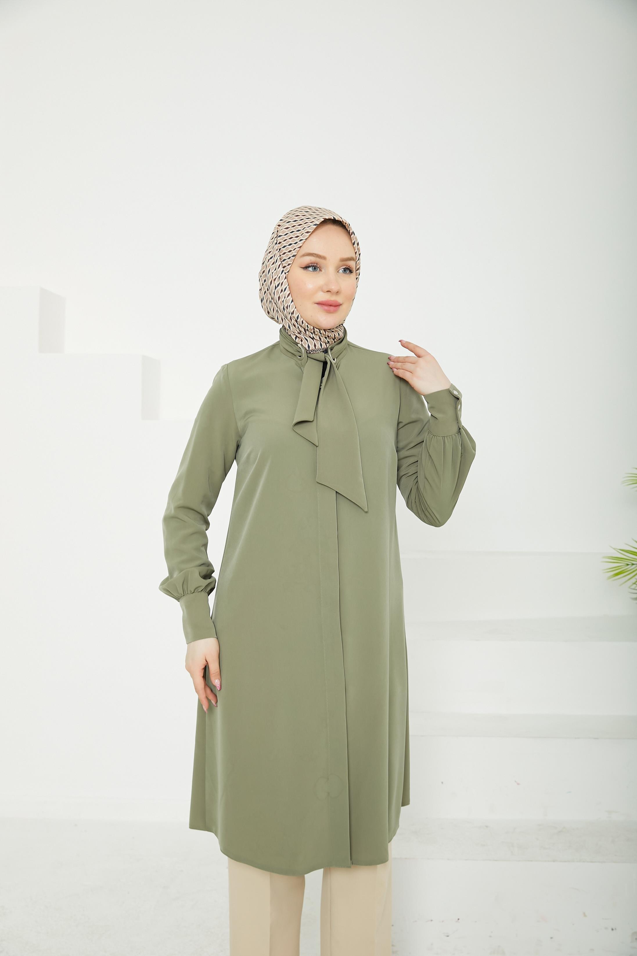 ARMİNE TREND Gizli Düğmeli Yakası Kurdele Detaylı Tunik-Haki-25YT450