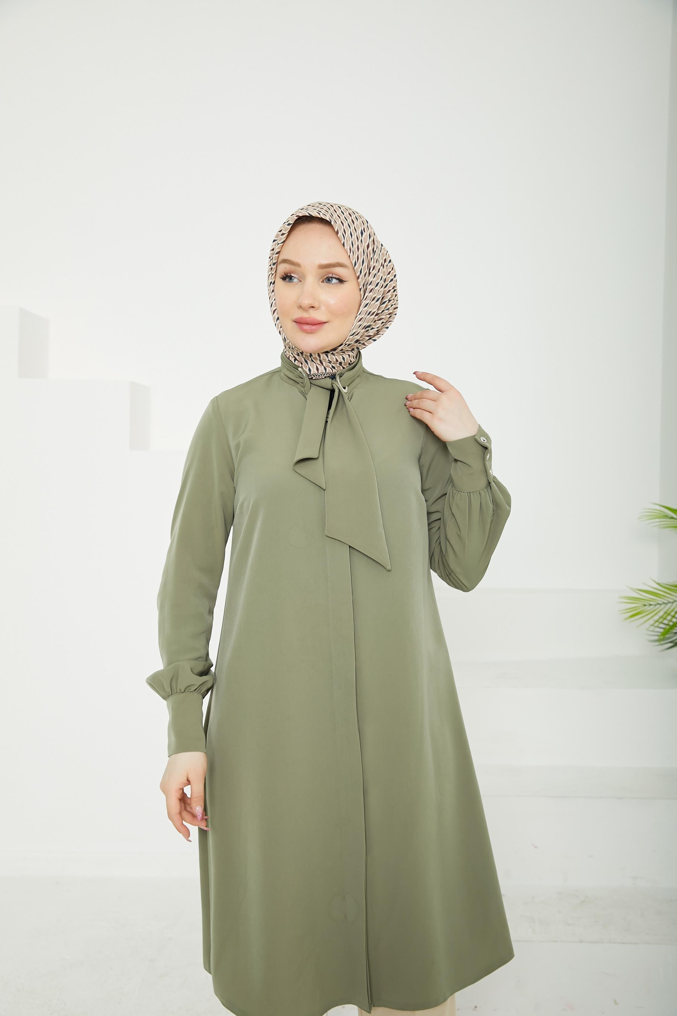 ARMİNE TREND Gizli Düğmeli Yakası Kurdele Detaylı Tunik-Haki-25YT450