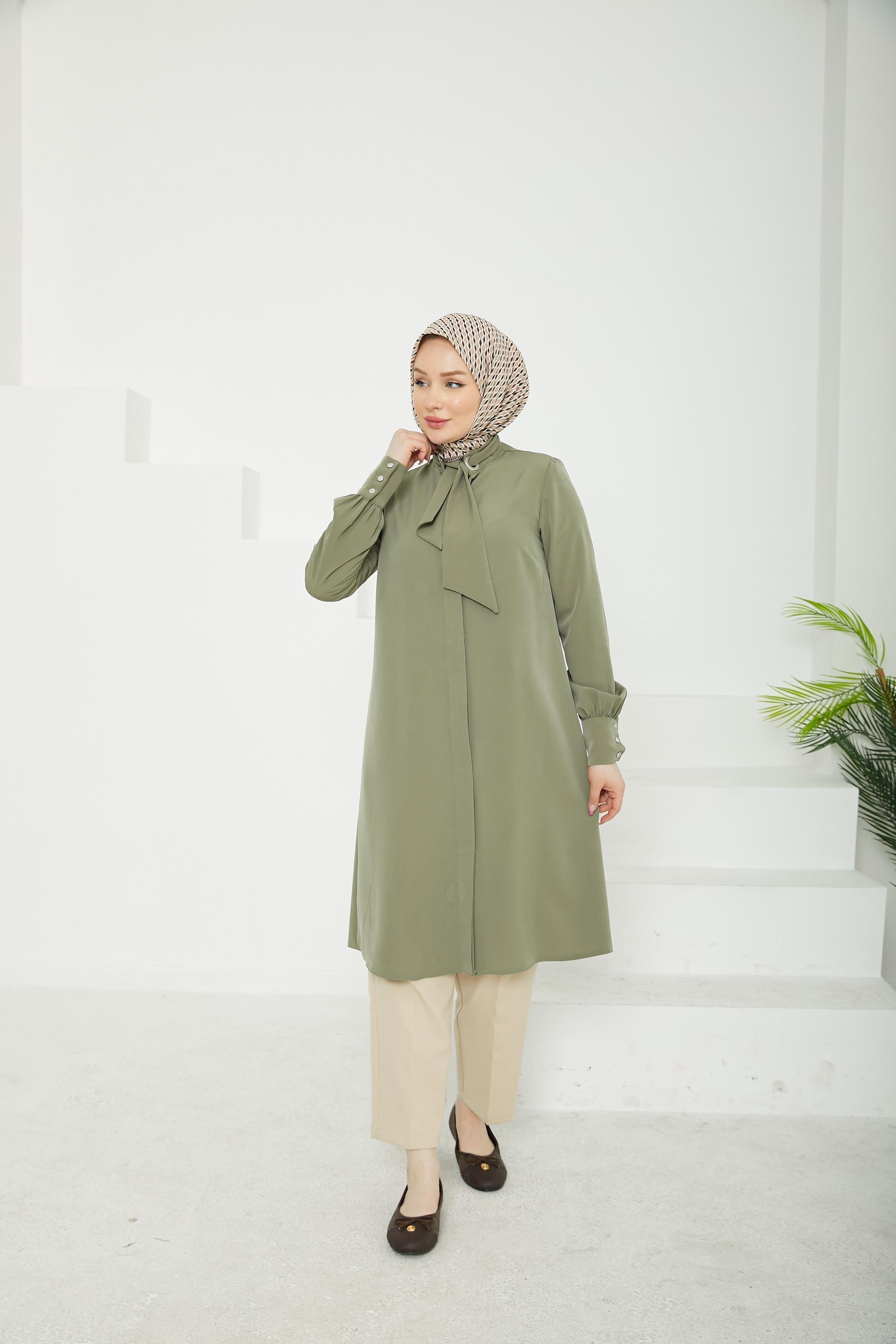 ARMİNE TREND Gizli Düğmeli Yakası Kurdele Detaylı Tunik-Haki-25YT450