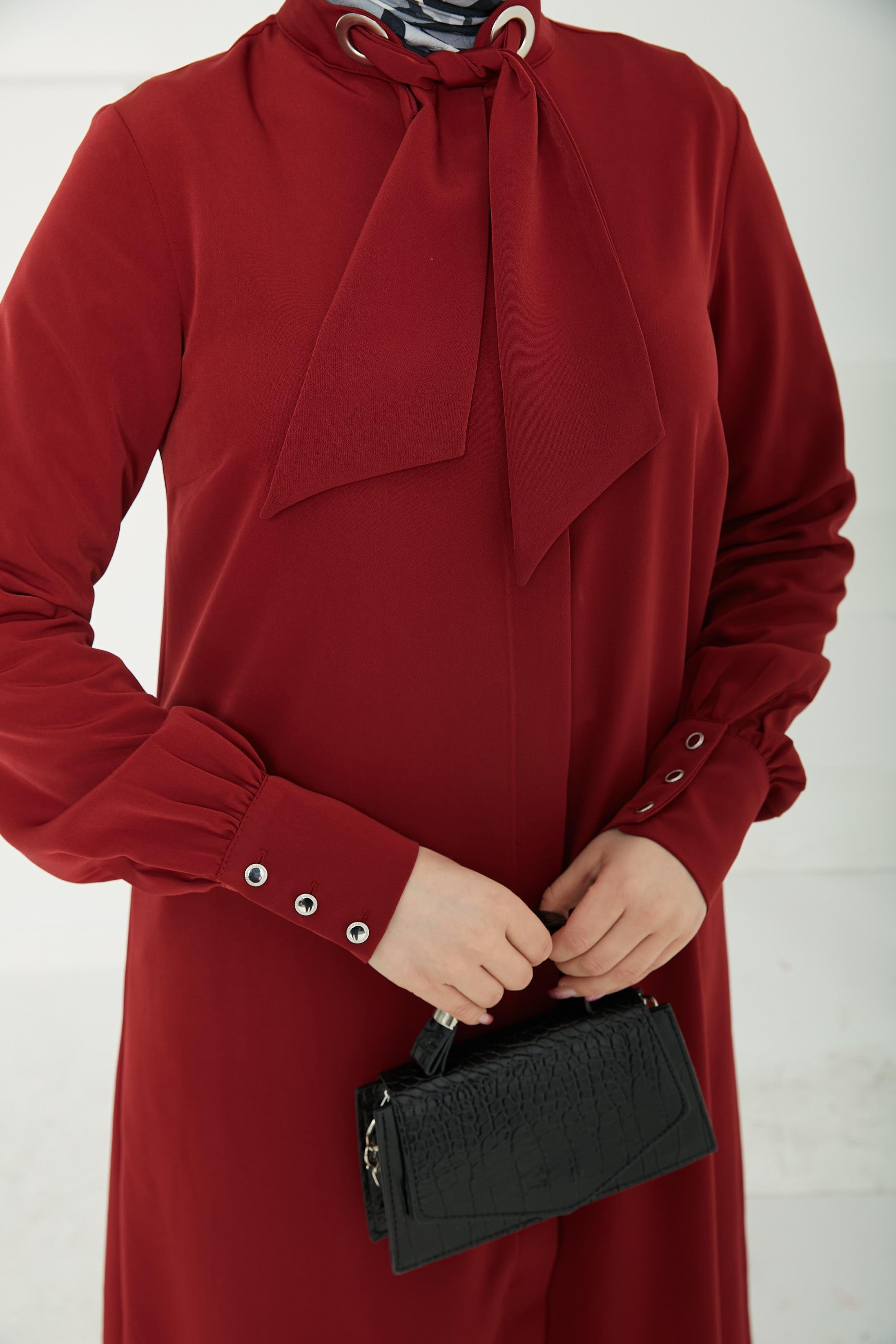 ARMİNE TREND Gizli Düğmeli Yakası Kurdele Detaylı Tunik-Bordo-25YT450