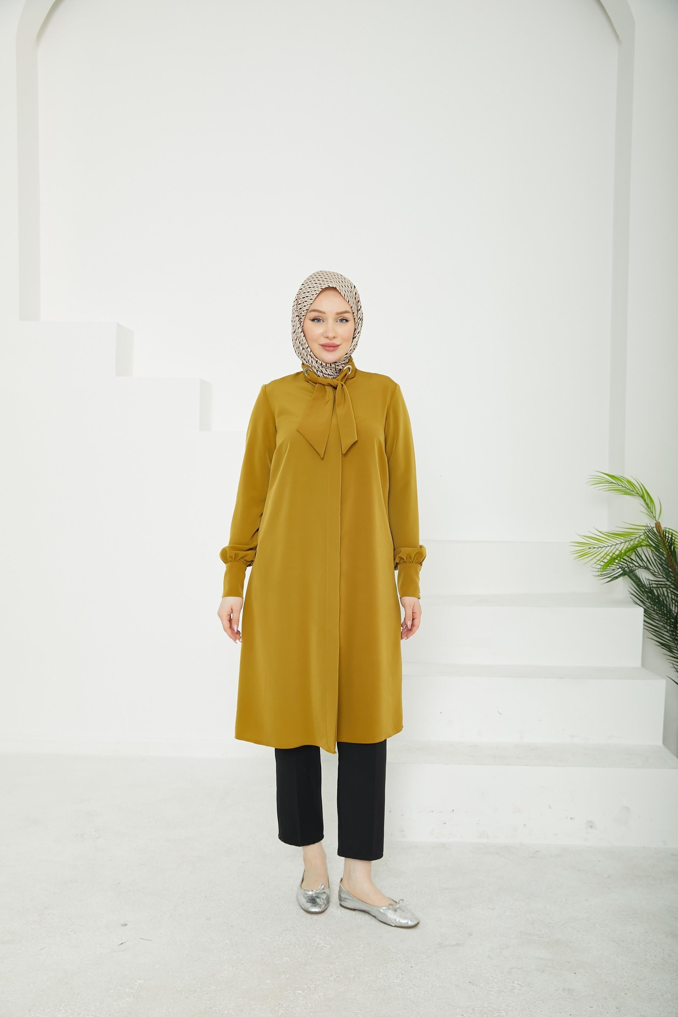 ARMİNE TREND Gizli Düğmeli Yakası Kurdele Detaylı Tunik-Hardal-25YT450
