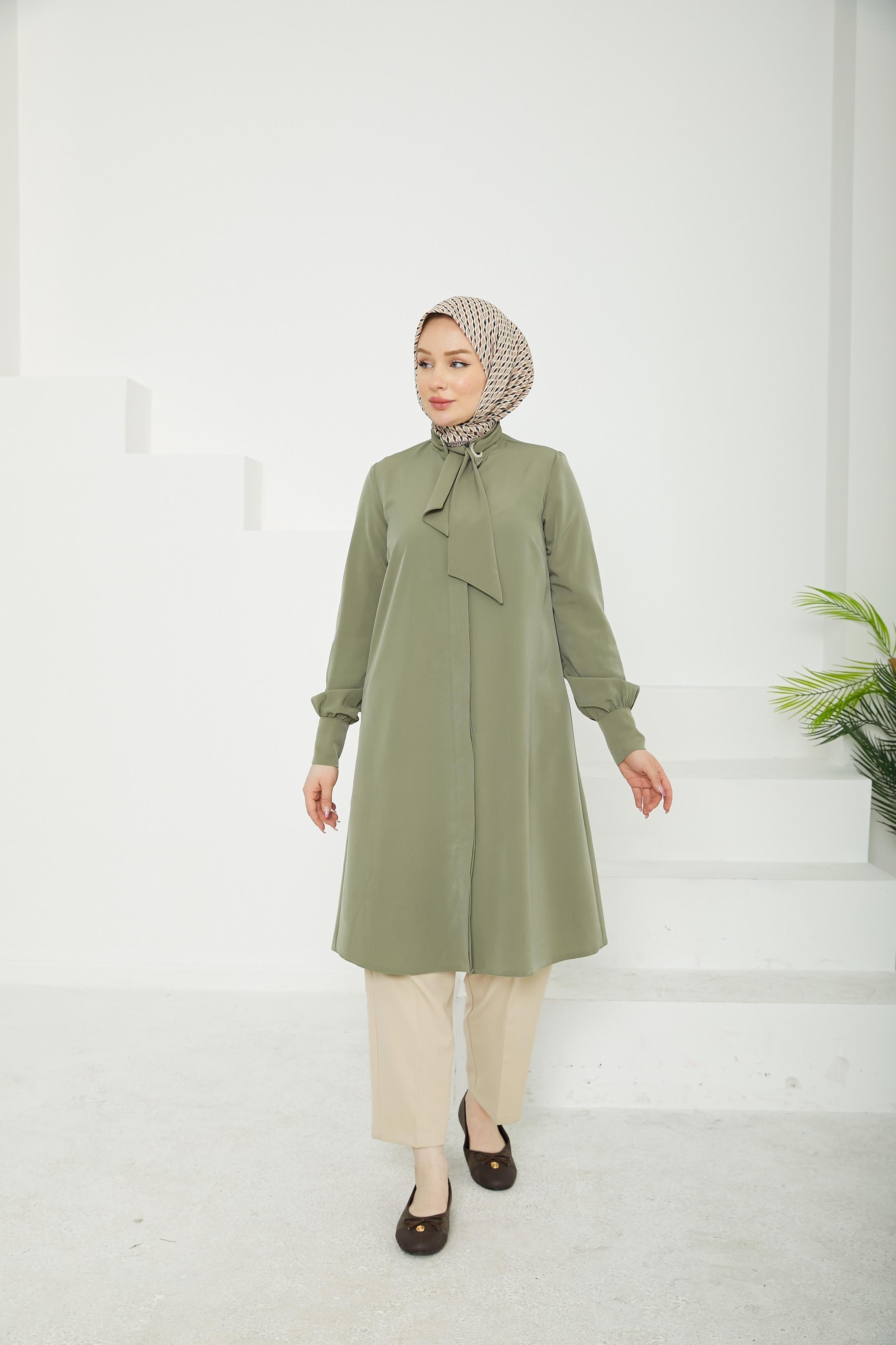 ARMİNE TREND Gizli Düğmeli Yakası Kurdele Detaylı Tunik-Haki-25YT450