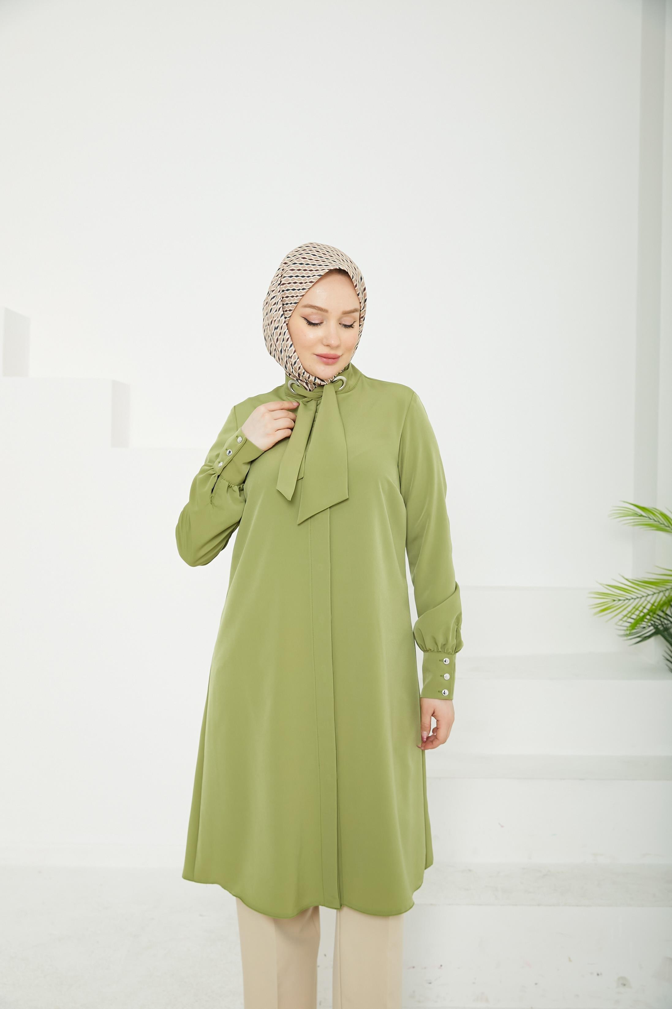 ARMİNE TREND Gizli Düğmeli Yakası Kurdele Detaylı Tunik-Açık Haki-25YT450