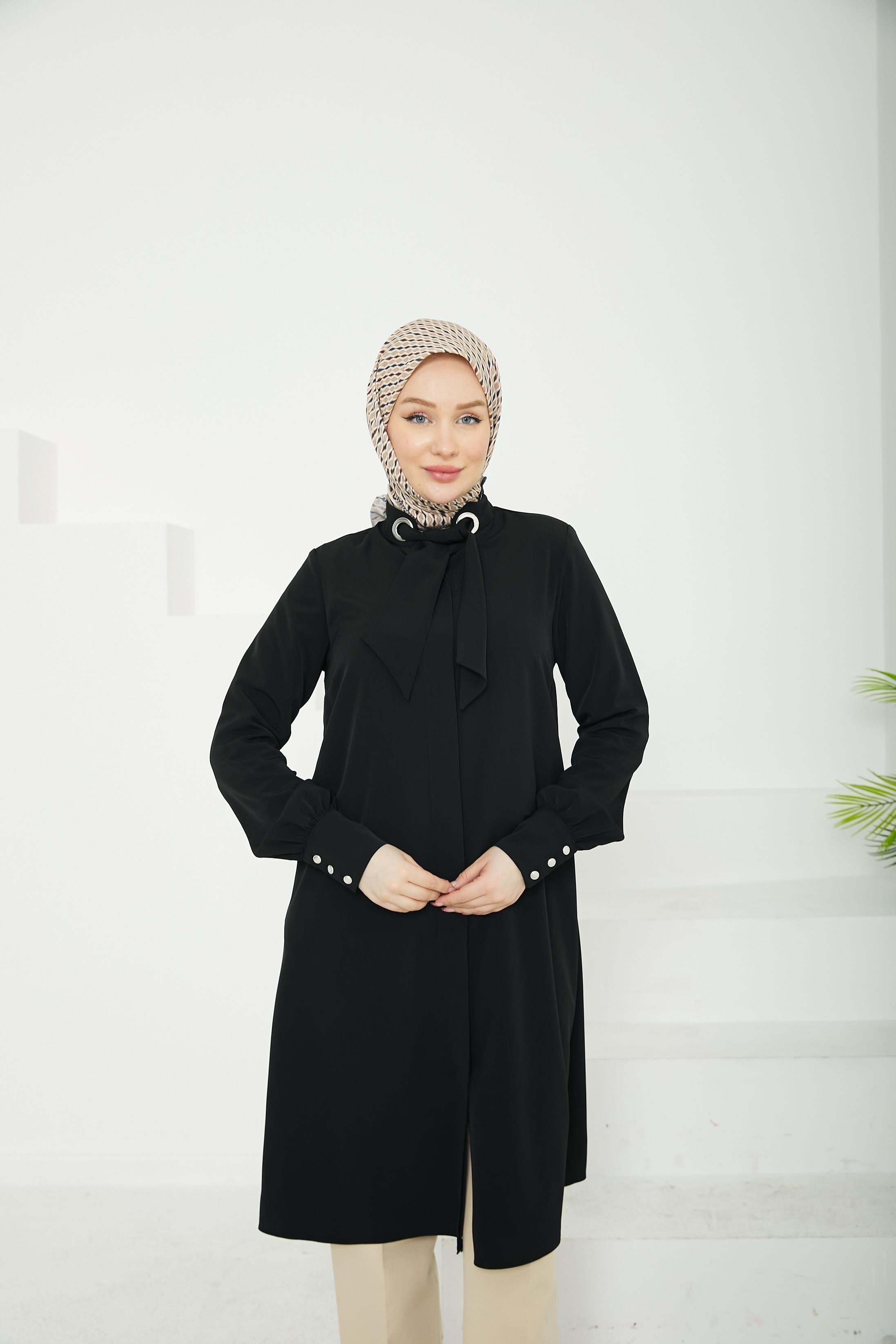 ARMİNE TREND Gizli Düğmeli Yakası Kurdele Detaylı Tunik-Siyah-25YT450