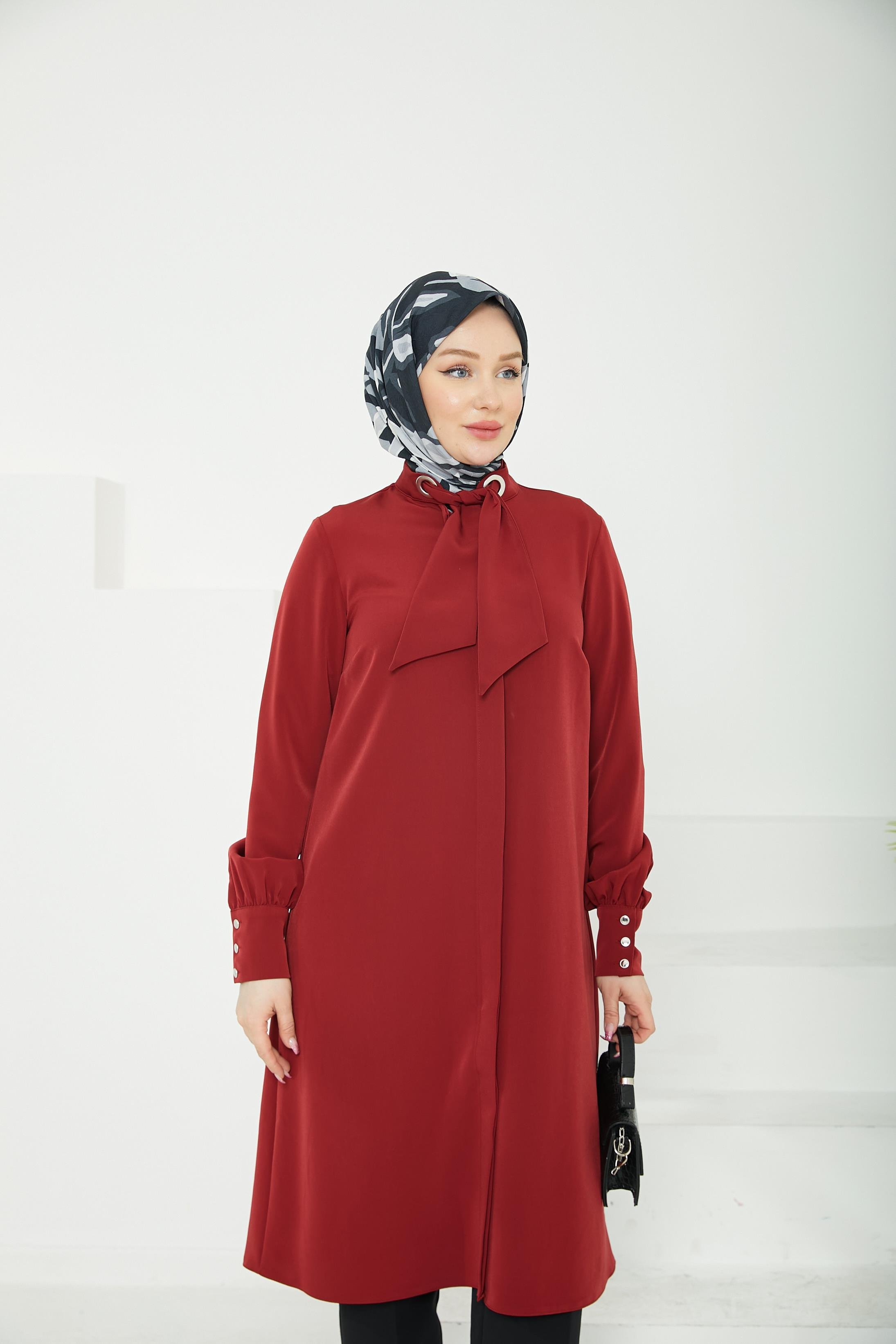 ARMİNE TREND Gizli Düğmeli Yakası Kurdele Detaylı Tunik-Bordo-25YT450