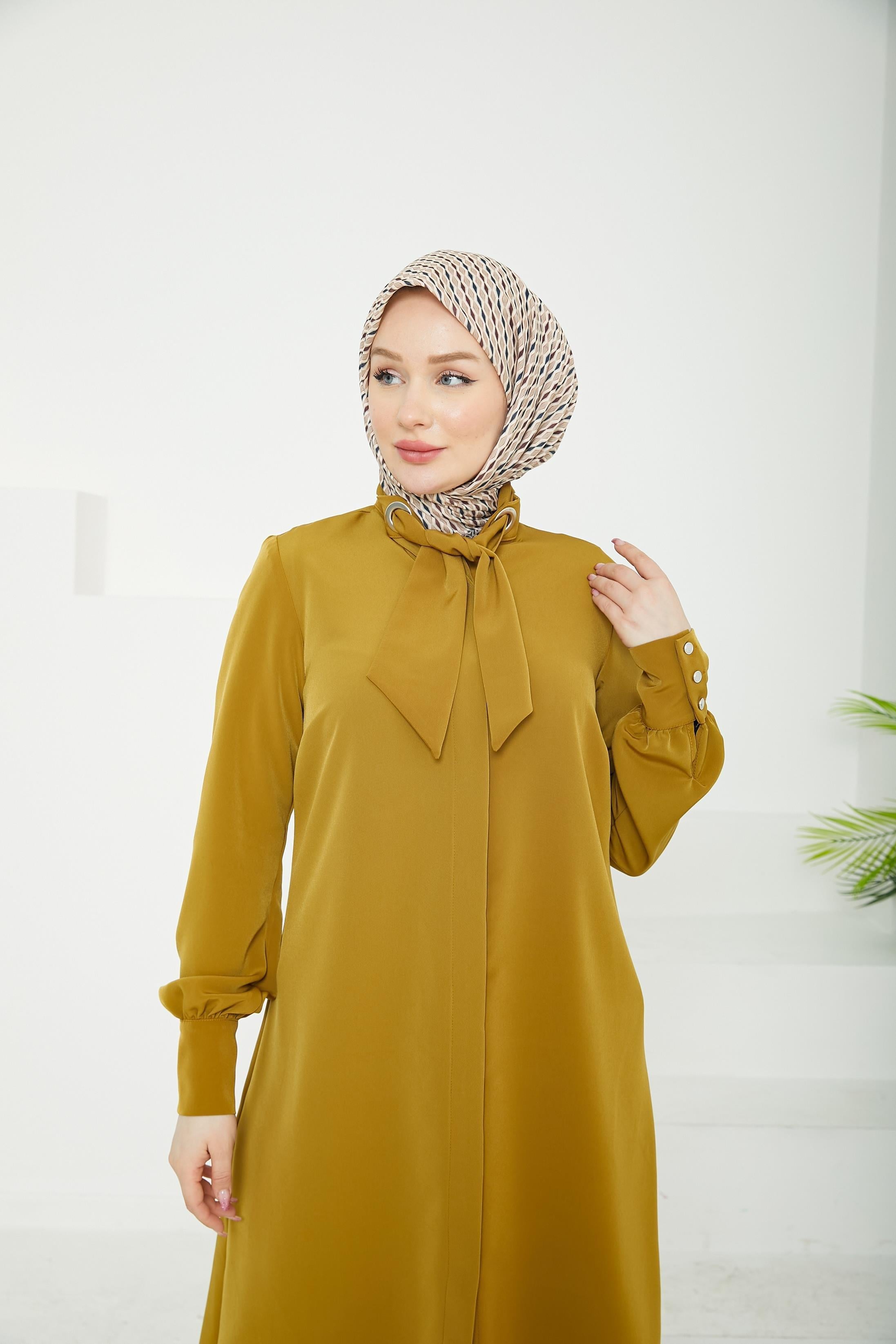 ARMİNE TREND Gizli Düğmeli Yakası Kurdele Detaylı Tunik-Hardal-25YT450