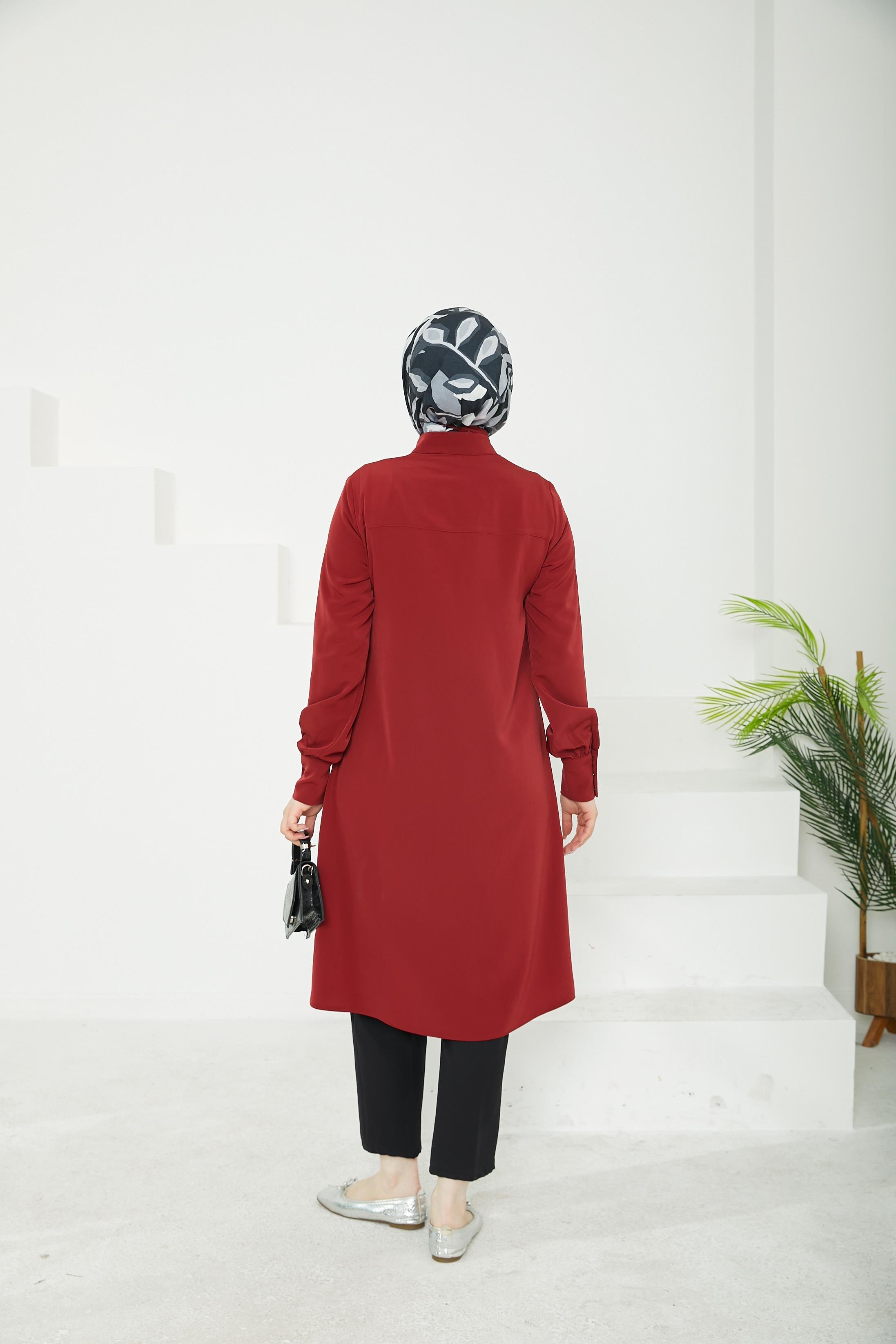 ARMİNE TREND Gizli Düğmeli Yakası Kurdele Detaylı Tunik-Bordo-25YT450