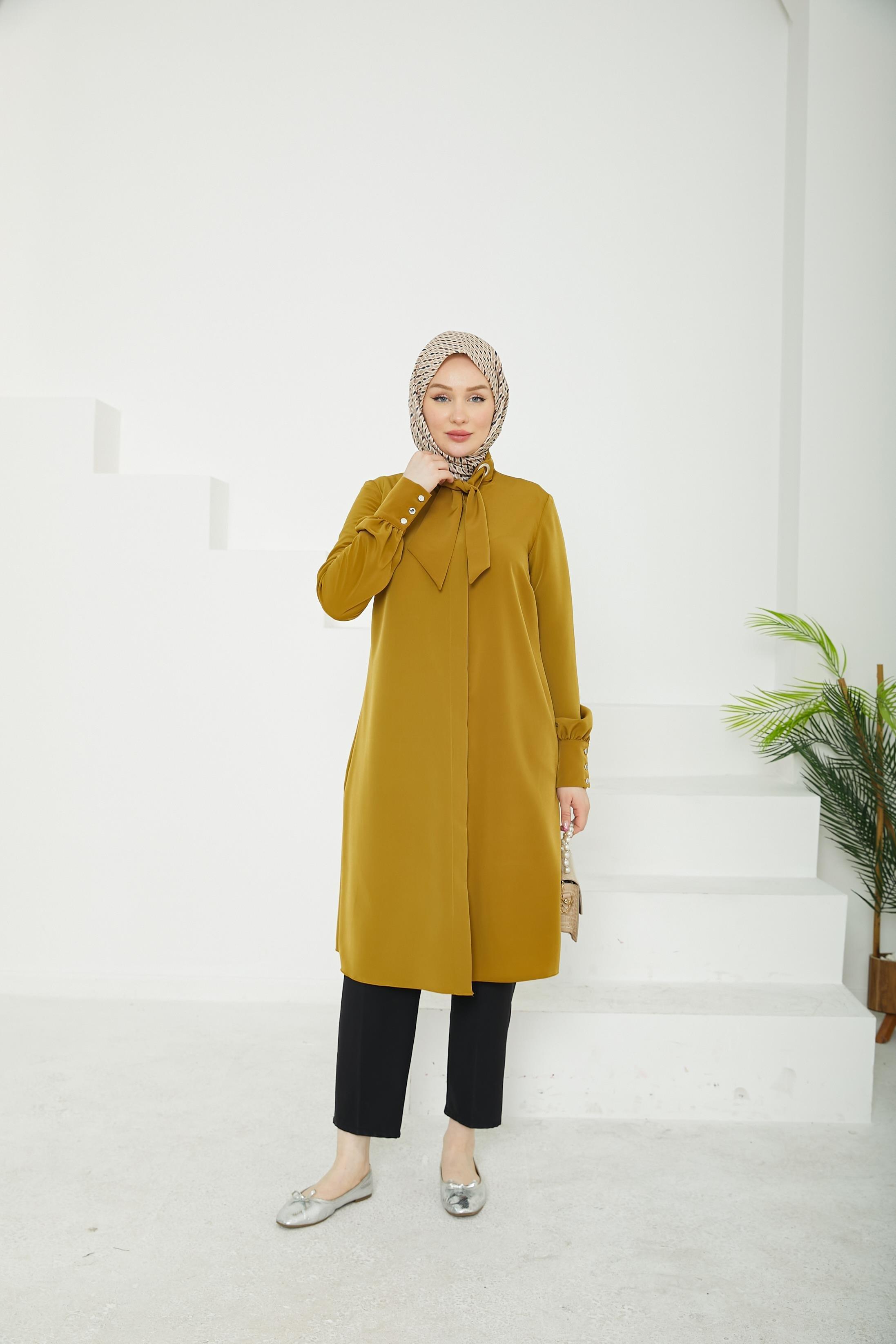 ARMİNE TREND Gizli Düğmeli Yakası Kurdele Detaylı Tunik-Hardal-25YT450