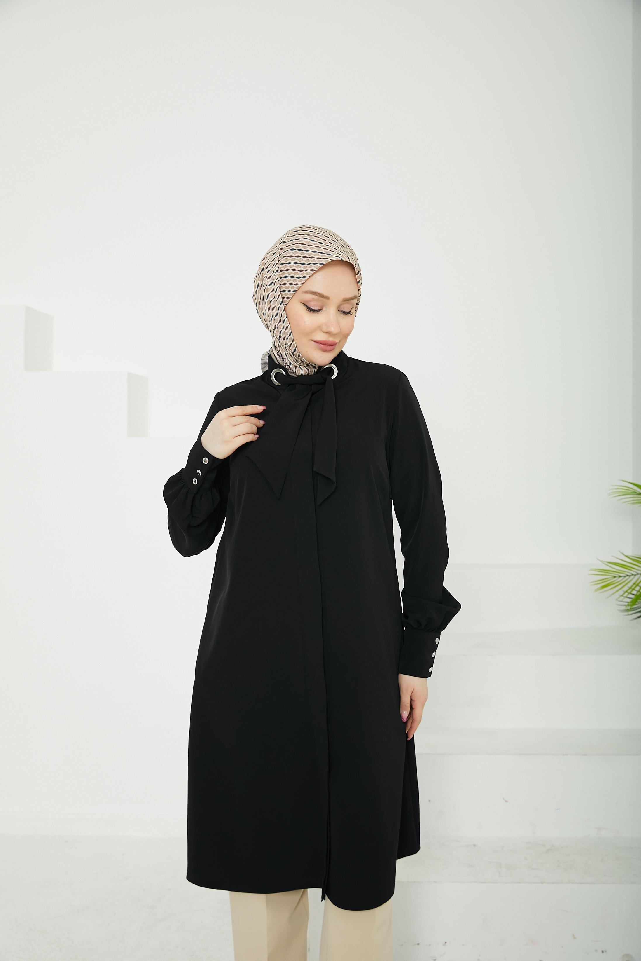 ARMİNE TREND Gizli Düğmeli Yakası Kurdele Detaylı Tunik-Siyah-25YT450
