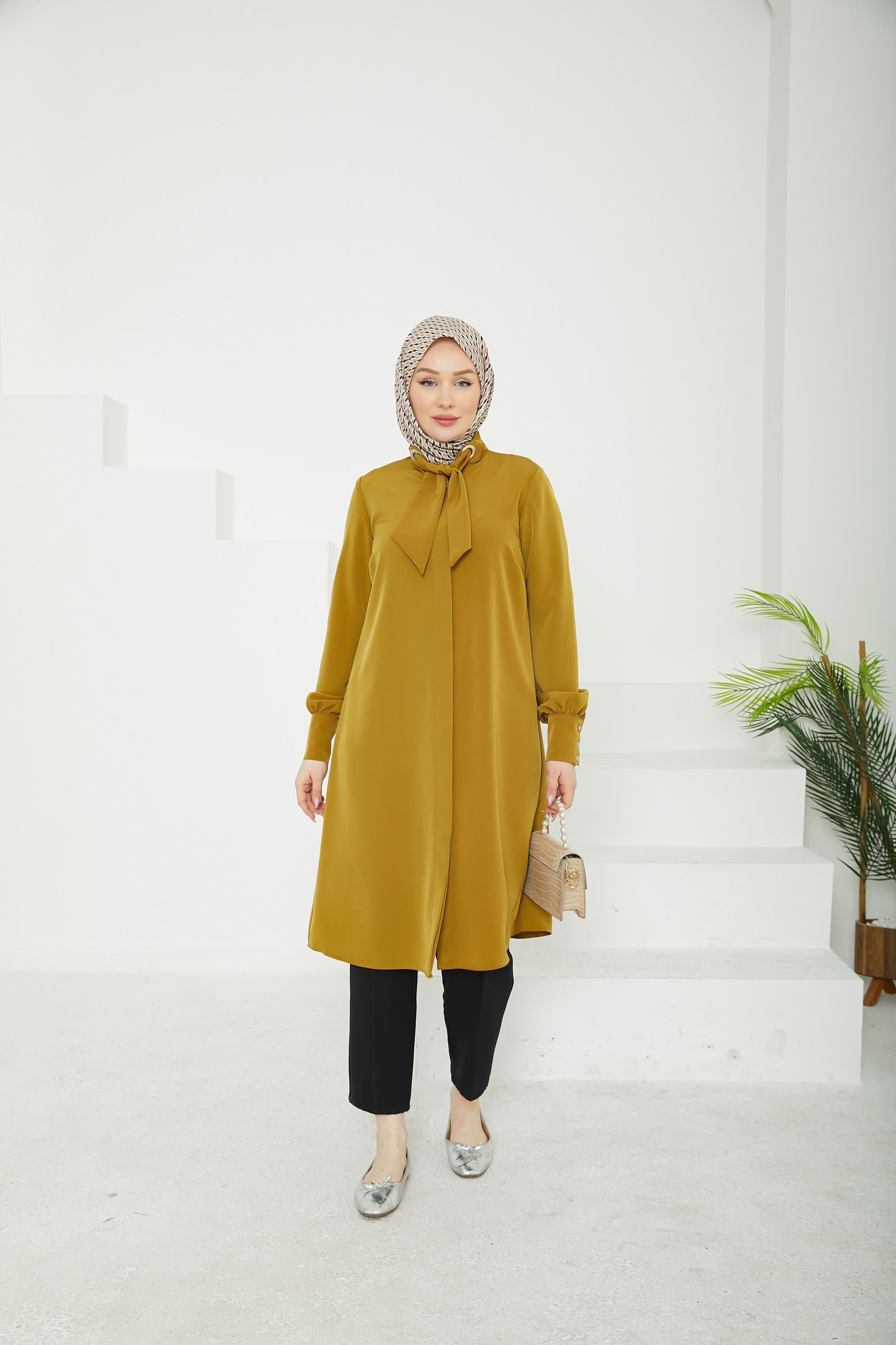 ARMİNE TREND Gizli Düğmeli Yakası Kurdele Detaylı Tunik-Hardal-25YT450