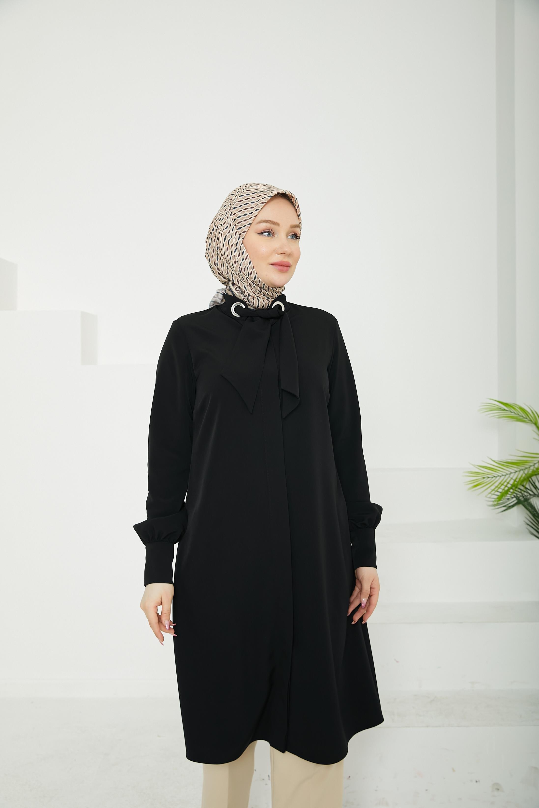 ARMİNE TREND Gizli Düğmeli Yakası Kurdele Detaylı Tunik-Siyah-25YT450