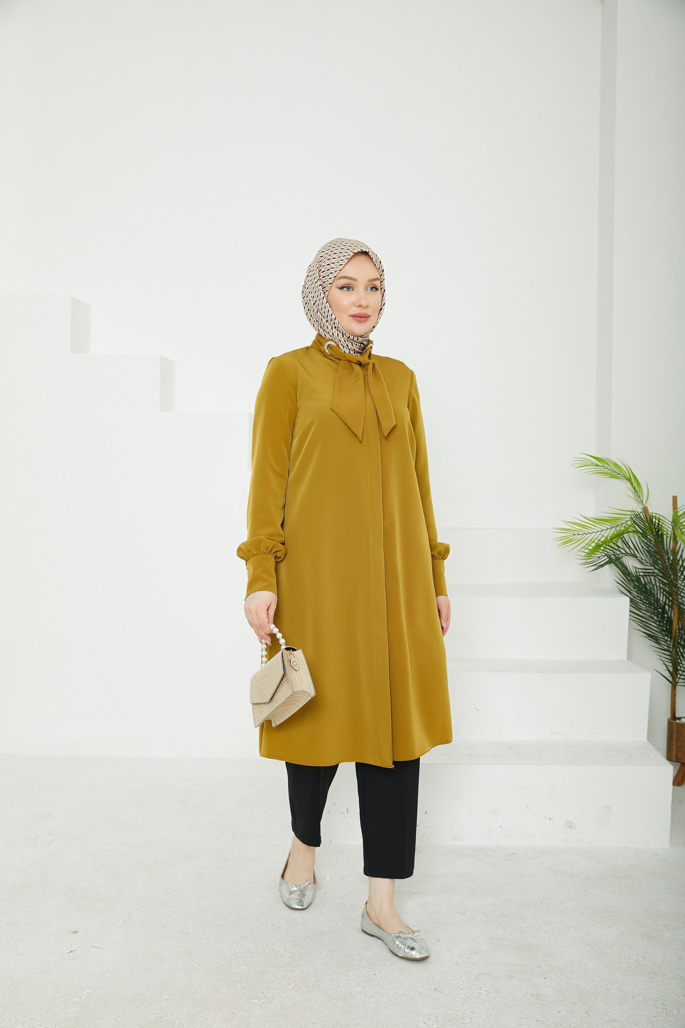 ARMİNE TREND Gizli Düğmeli Yakası Kurdele Detaylı Tunik-Hardal-25YT450