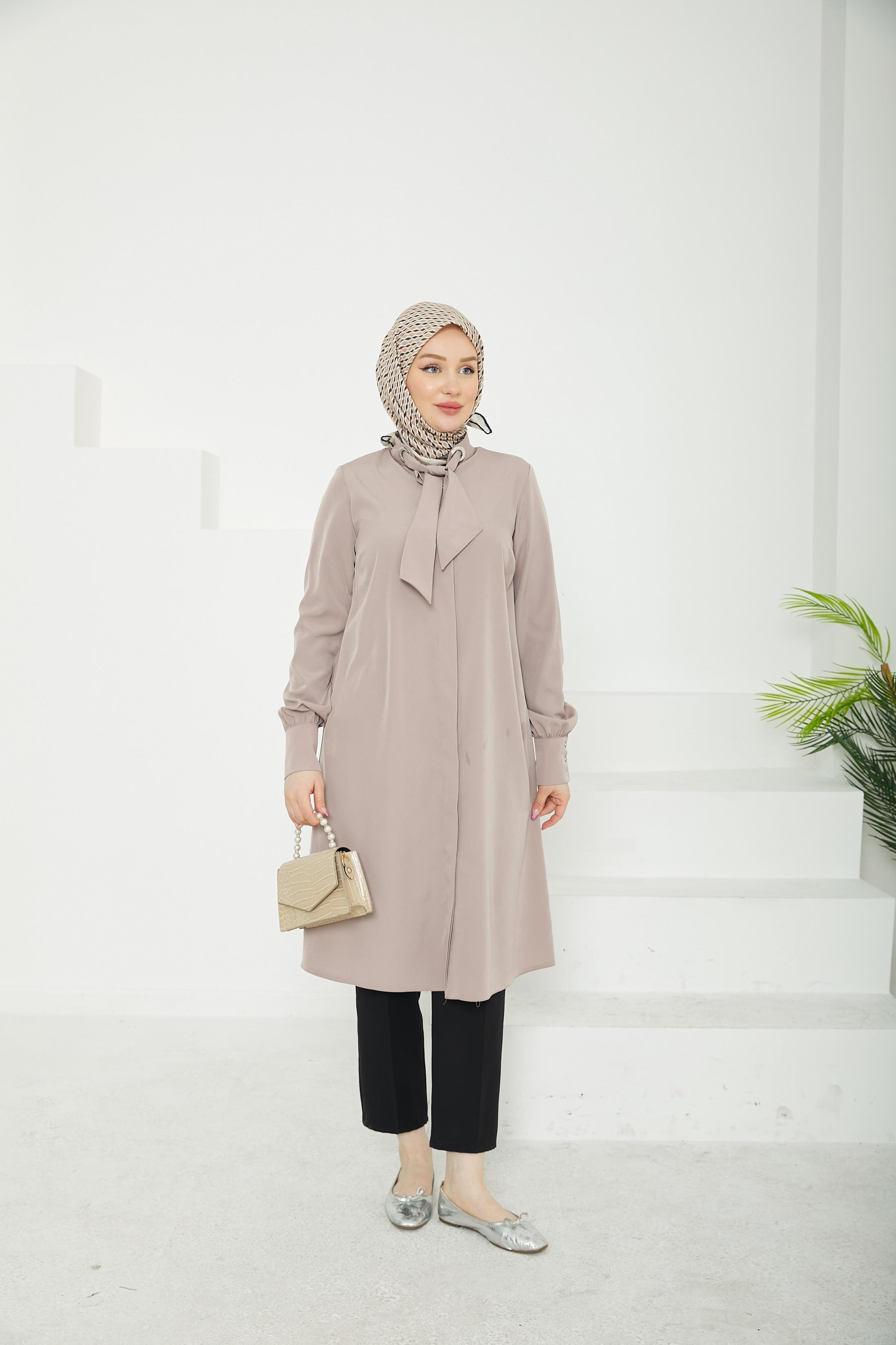 ARMİNE TREND Gizli Düğmeli Yakası Kurdele Detaylı Tunik-Vizon-25YT450