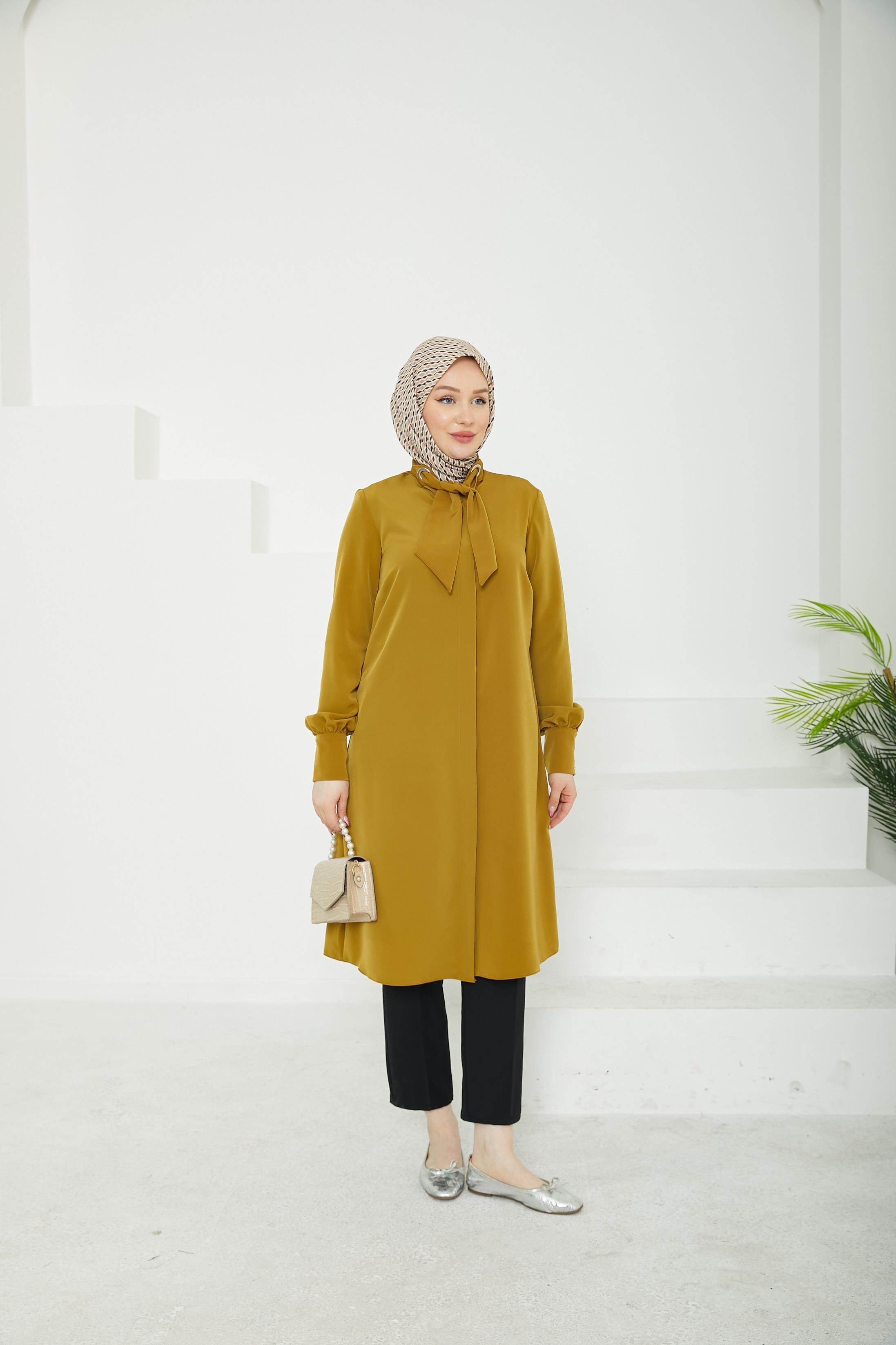 ARMİNE TREND Gizli Düğmeli Yakası Kurdele Detaylı Tunik-Hardal-25YT450