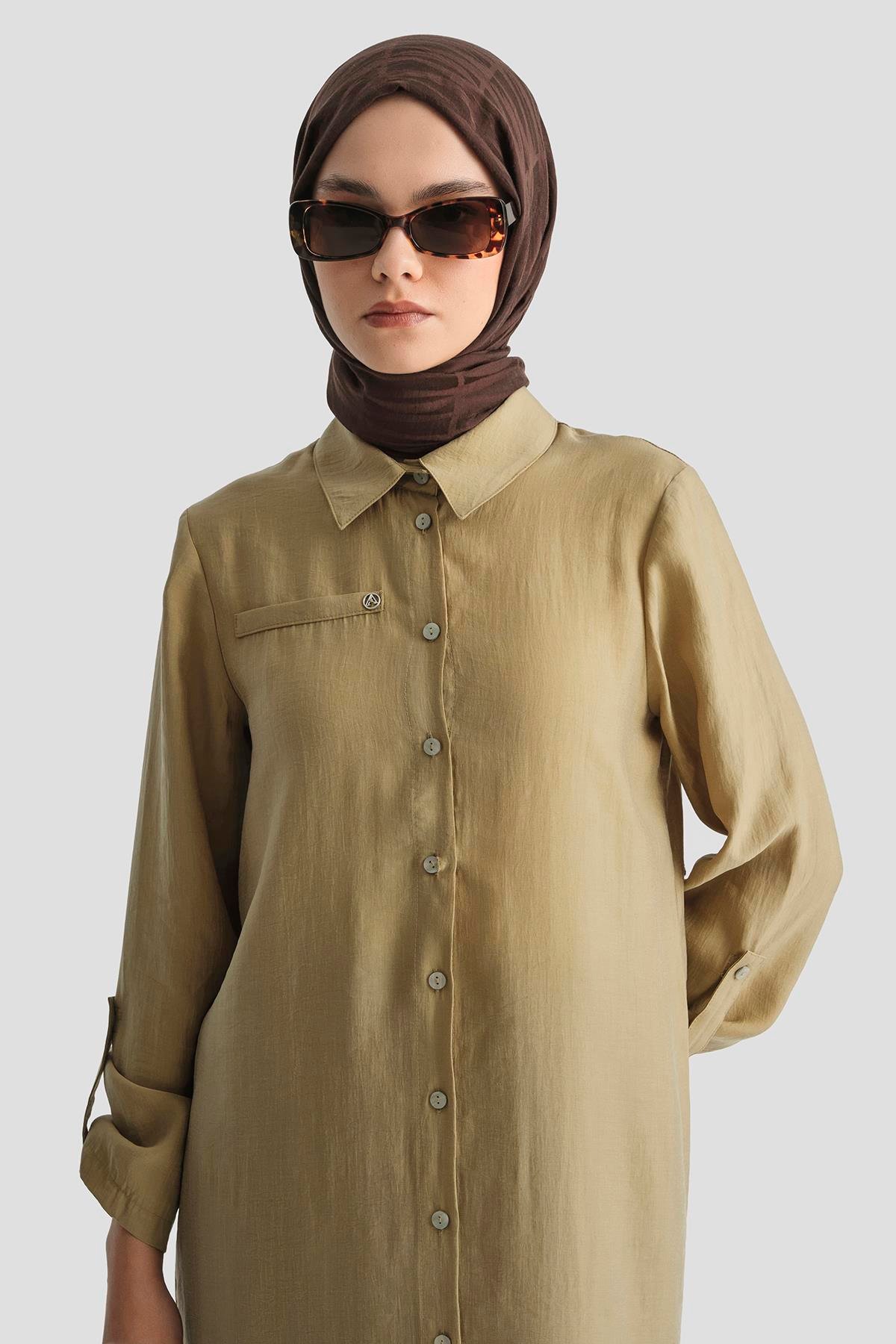 ARMİNE TREND Gömlek Yaka Boydan Düğmeli Tunik-Camel 25YT4142