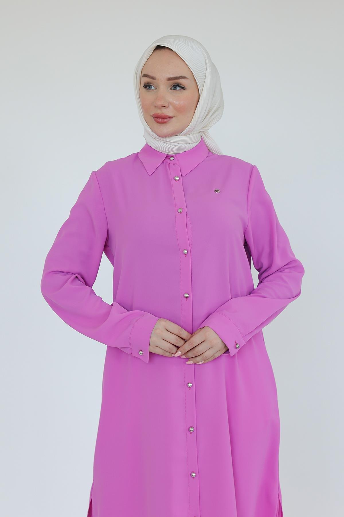ARMİNE TREND Gömlek Yaka Boydan Düğmeli Tunik-Pembe 25YT448