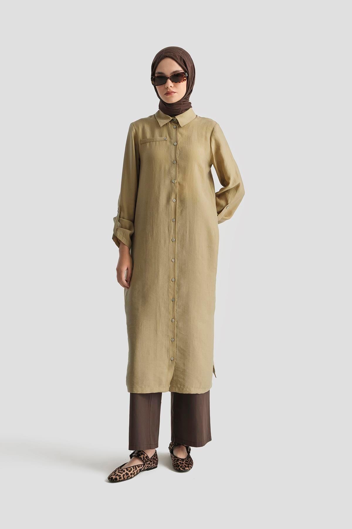 ARMİNE TREND Gömlek Yaka Boydan Düğmeli Tunik-Camel 25YT4142