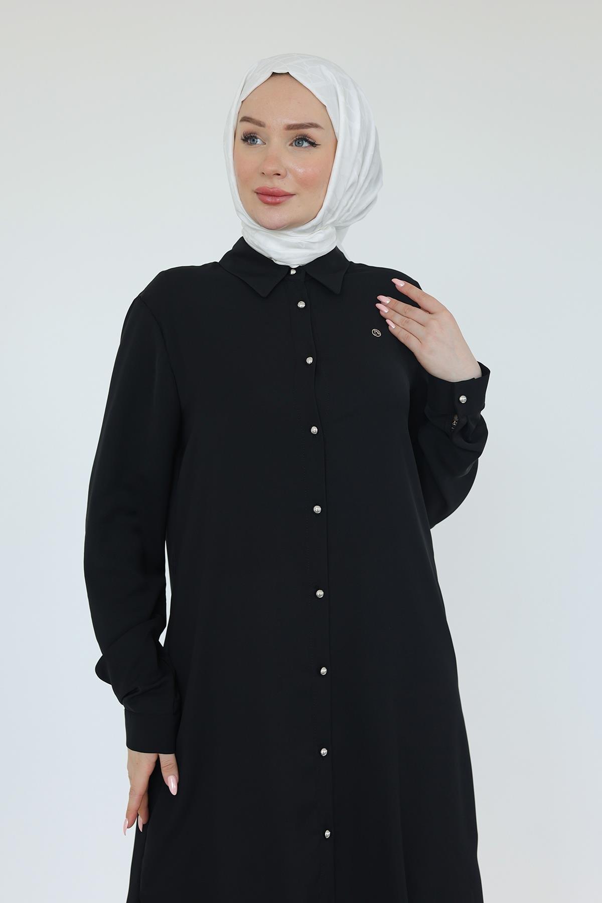 ARMİNE TREND Gömlek Yaka Boydan Düğmeli Tunik-Siyah 25YT448