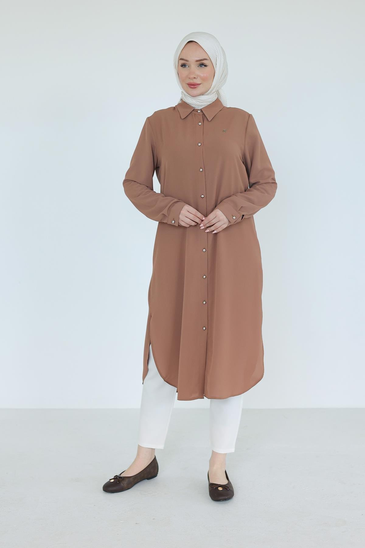 ARMİNE TREND Gömlek Yaka Boydan Düğmeli Tunik-Camel 25YT448