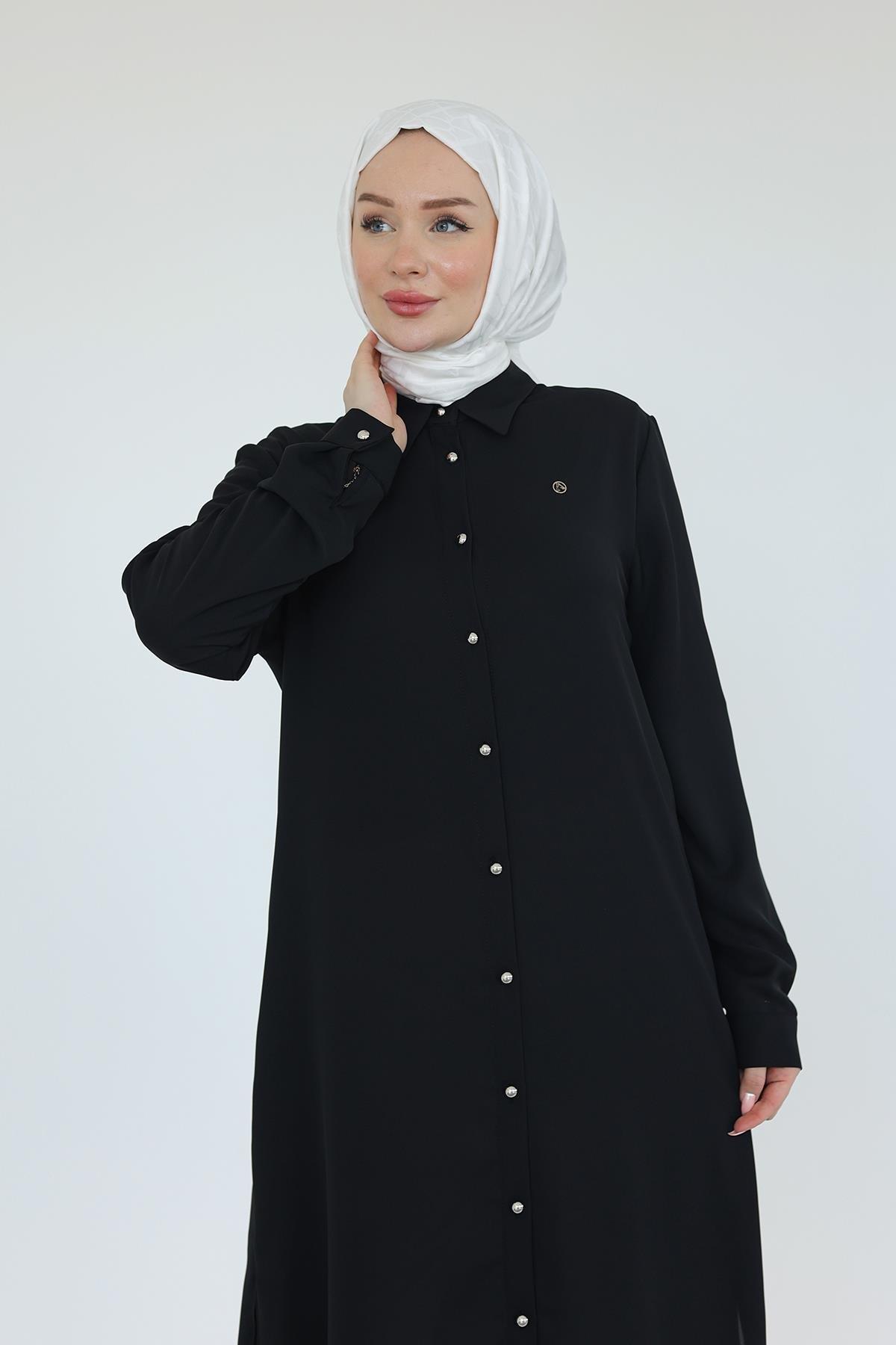 ARMİNE TREND Gömlek Yaka Boydan Düğmeli Tunik-Siyah 25YT448