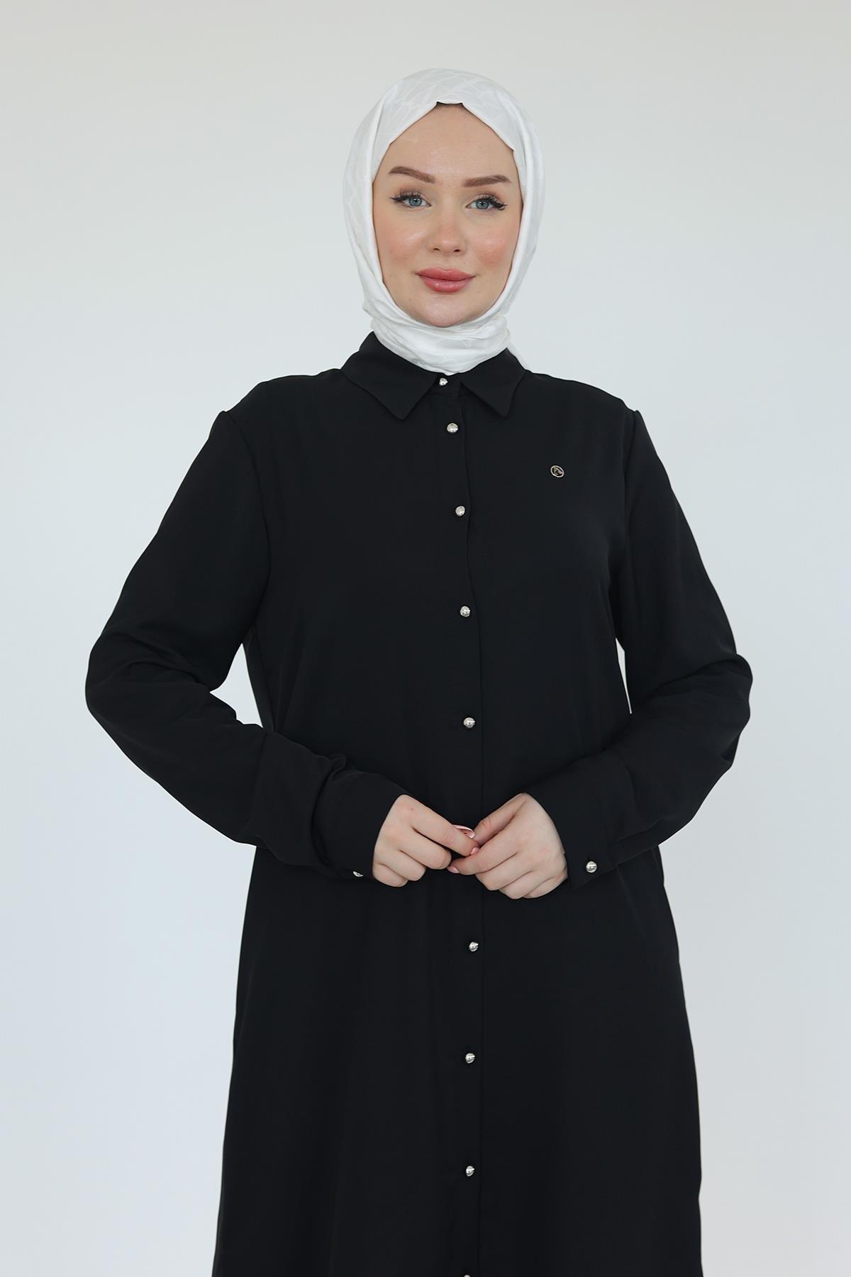ARMİNE TREND Gömlek Yaka Boydan Düğmeli Tunik-Siyah 25YT448