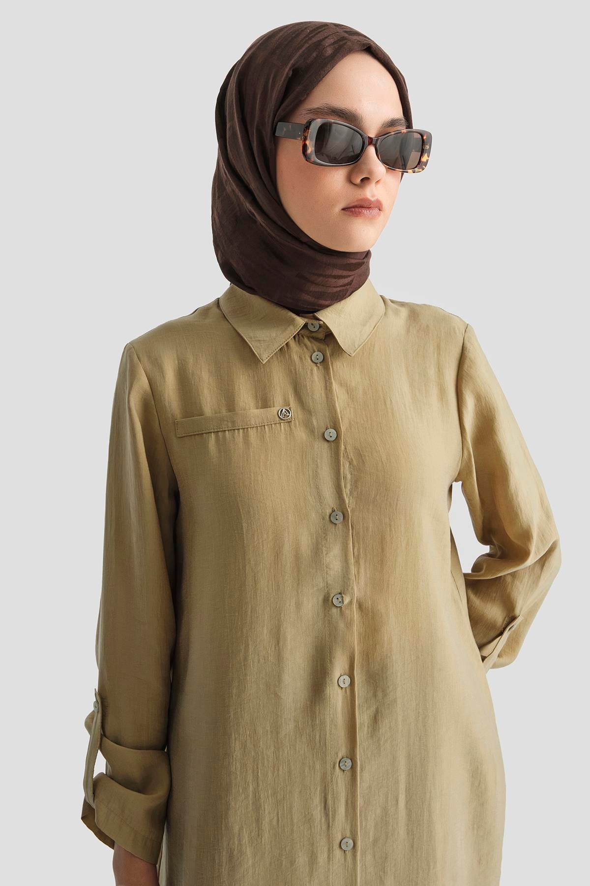 ARMİNE TREND Gömlek Yaka Boydan Düğmeli Tunik-Camel 25YT4142