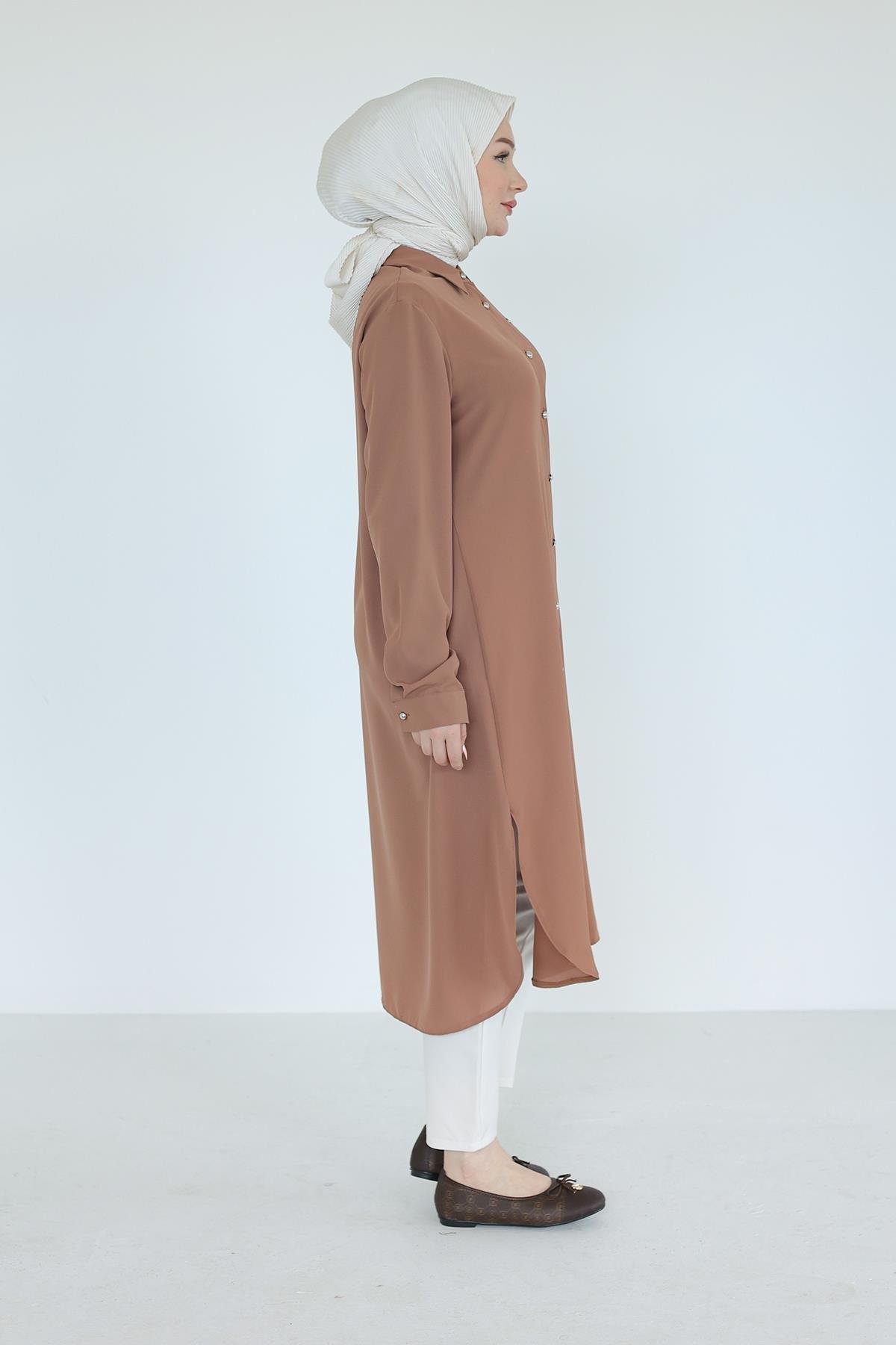 ARMİNE TREND Gömlek Yaka Boydan Düğmeli Tunik-Camel 25YT448