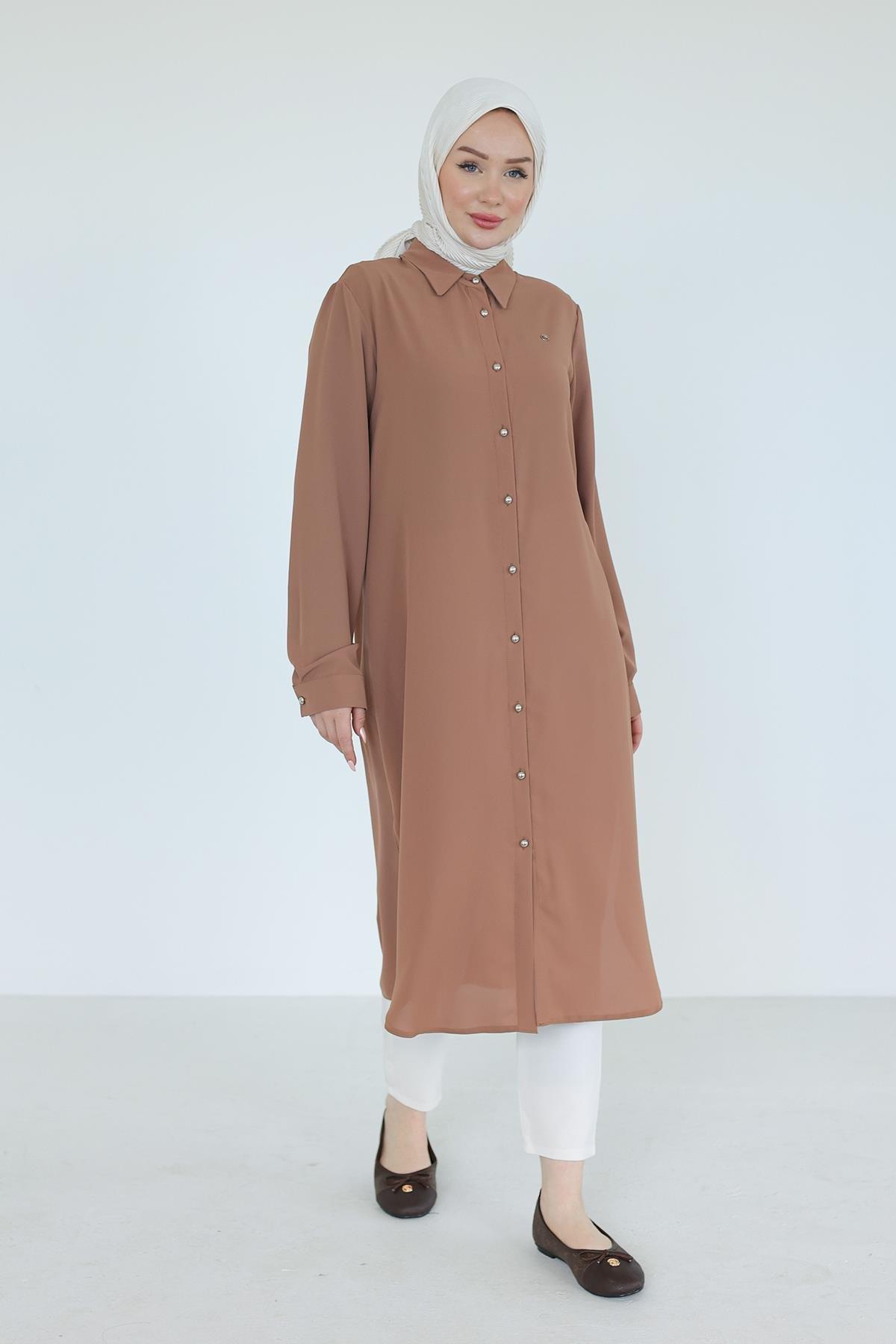 ARMİNE TREND Gömlek Yaka Boydan Düğmeli Tunik-Camel 25YT448