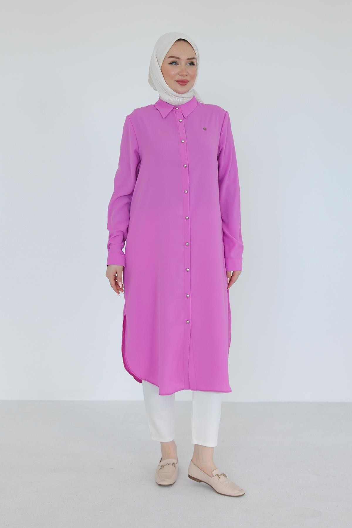 ARMİNE TREND Gömlek Yaka Boydan Düğmeli Tunik-Pembe 25YT448